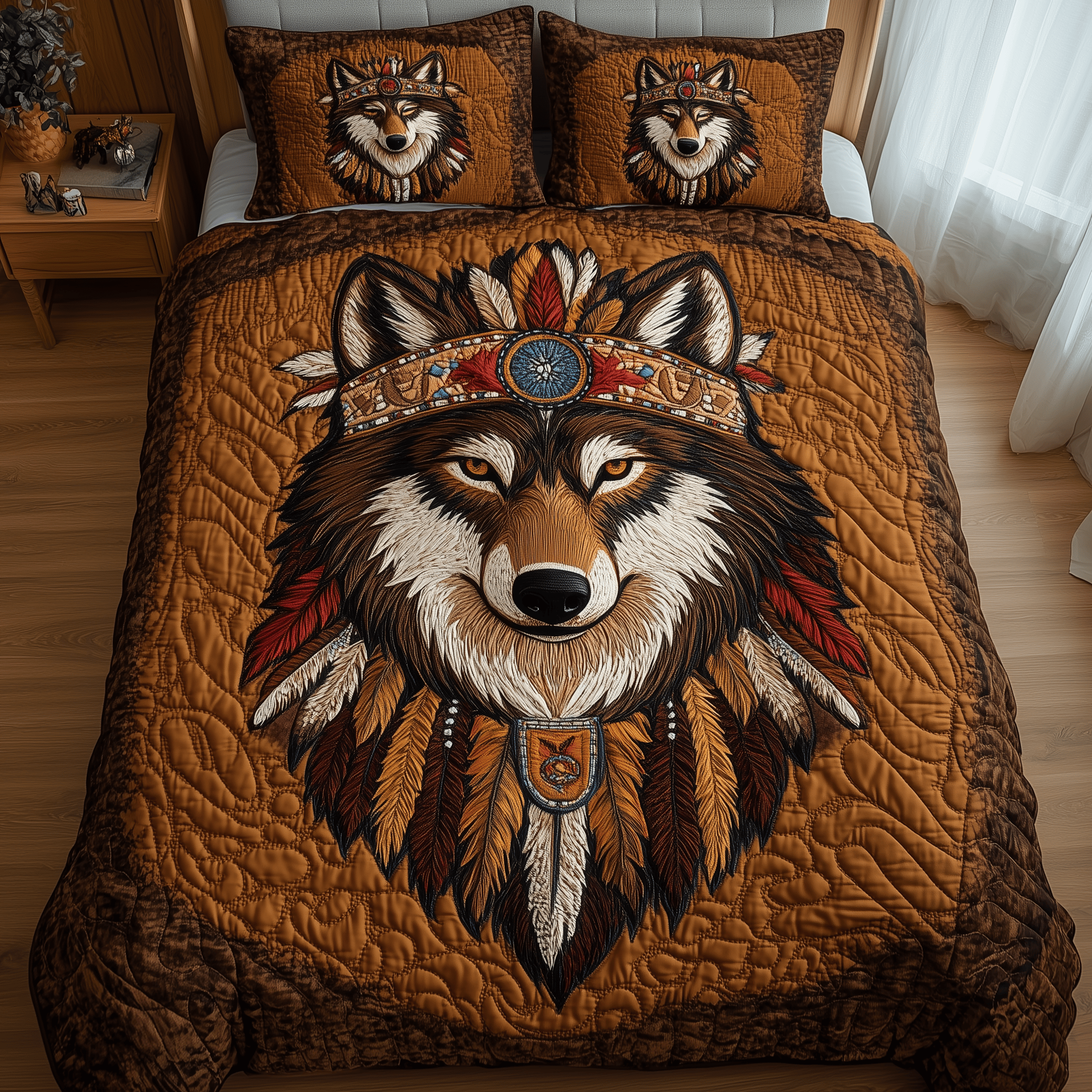 Native American Wolf Quilted Bedding Set Best Duvet Cover Bedspread Set Best Gifts For Wolf Lovers