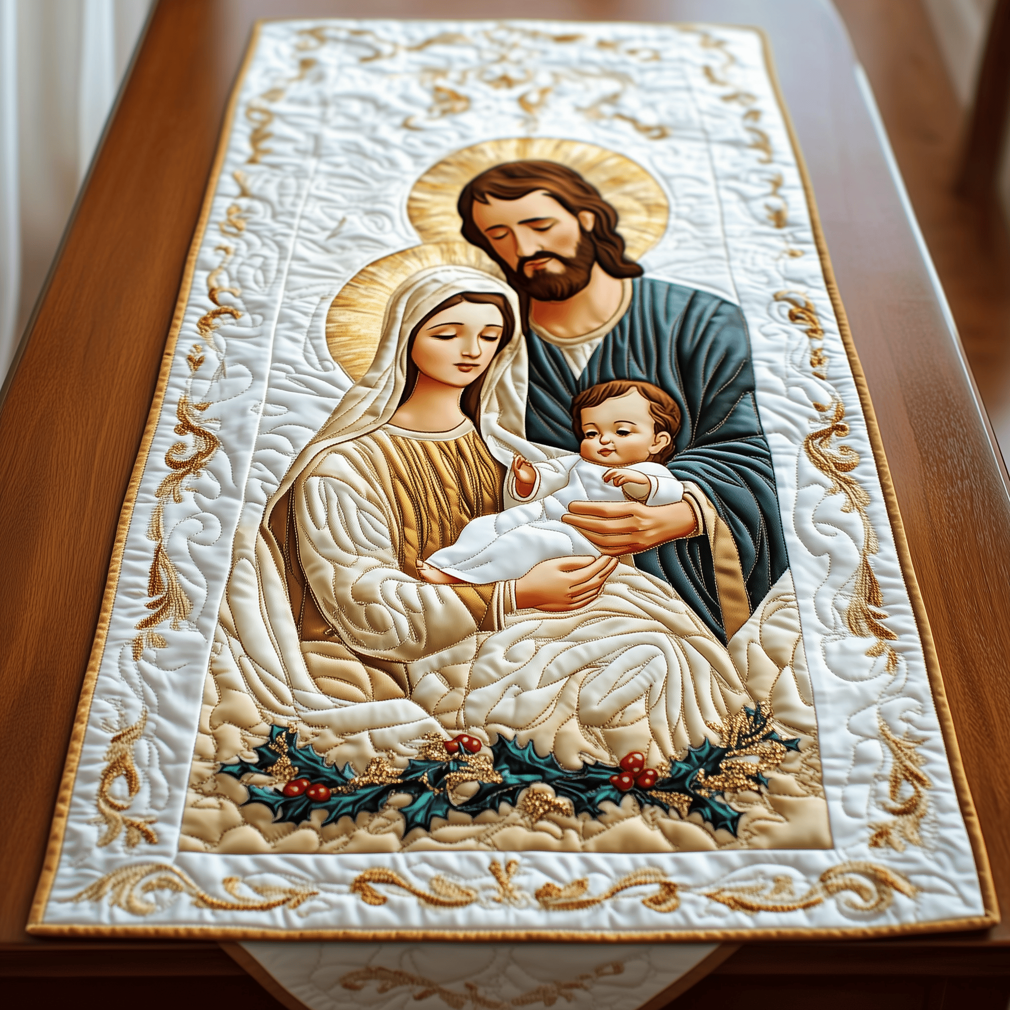 Nativity Blessing Quilted Table Runner Add a Sacred and Peaceful Blessing to Your Table this Christmas