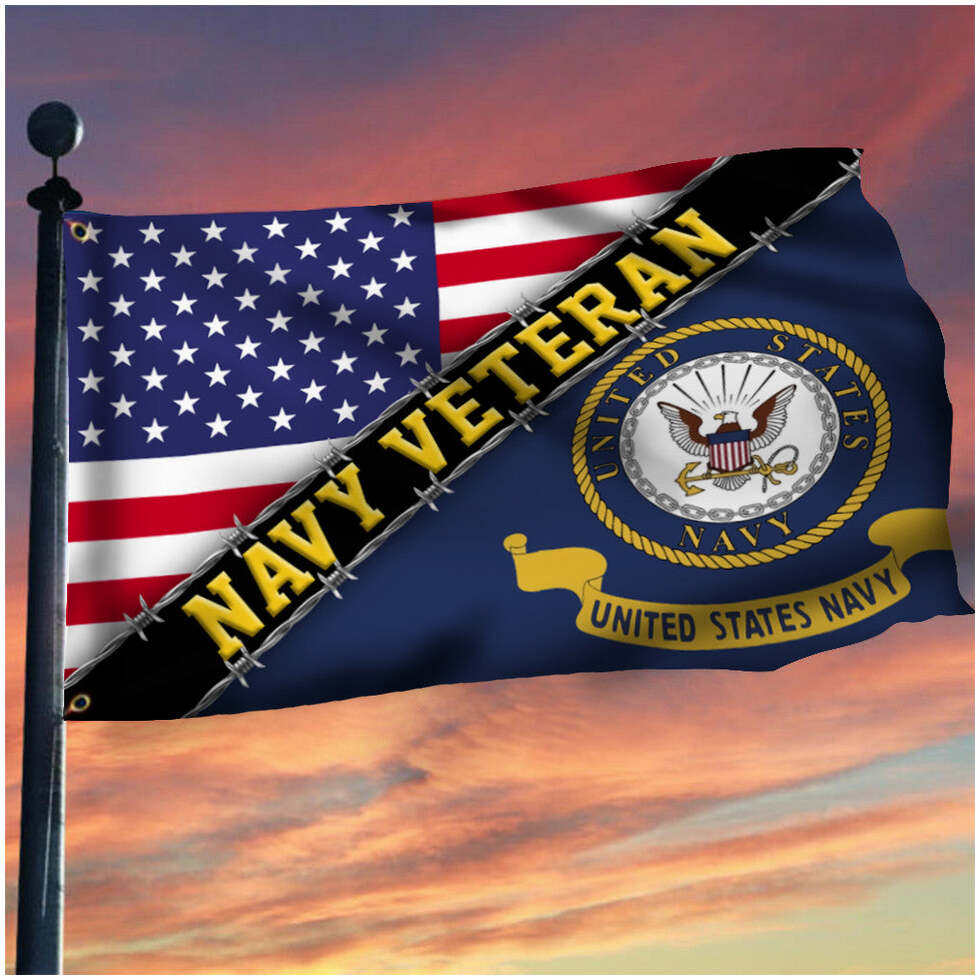 Navy Veteran Flag With American Flag Navy Logo Proud Veteran Patriotic Flag Gifts For Besties