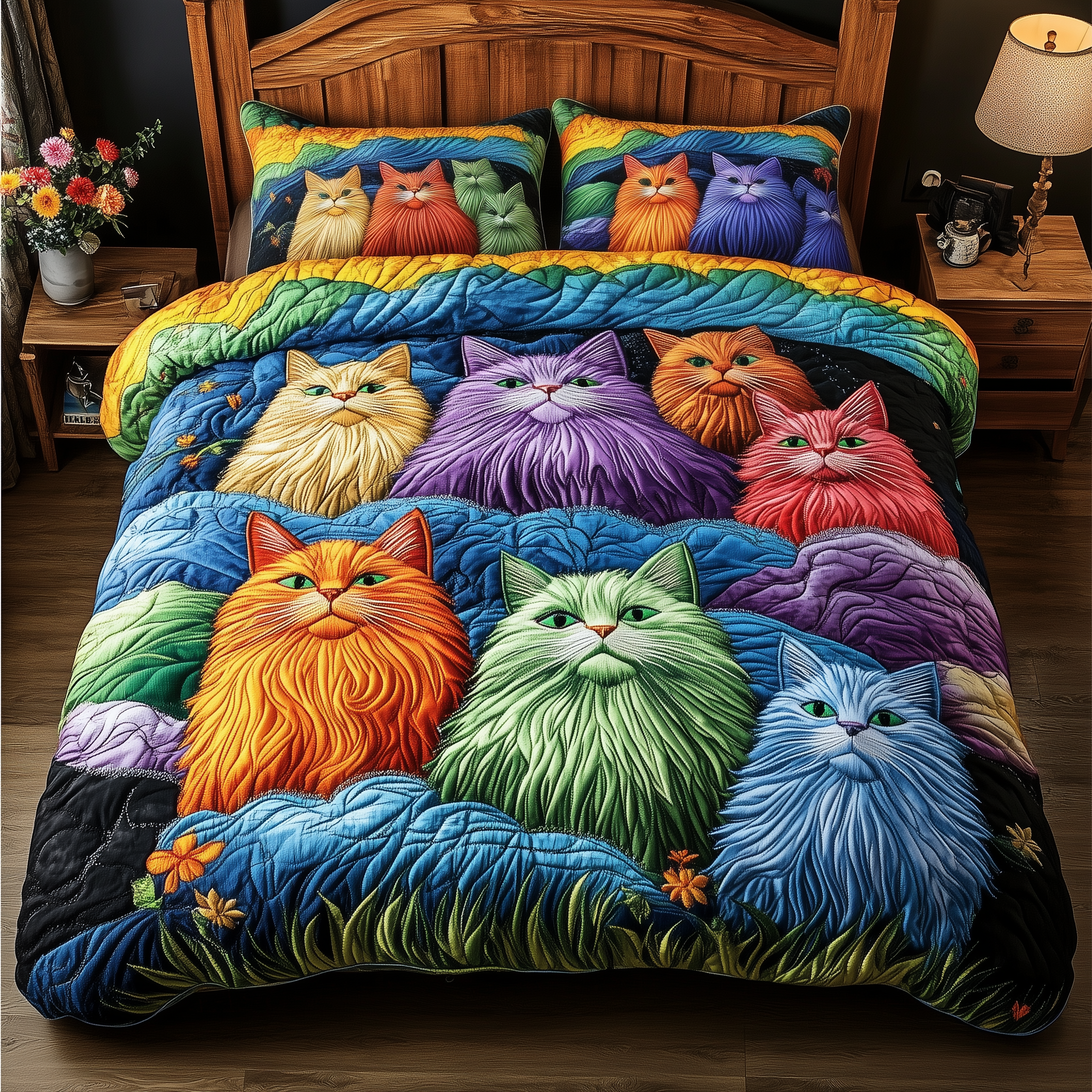 Neon Cat Kingdom Quilted Bedding Set Valentine'S Day Duvet Cover Set Presents For People Who Like Cats