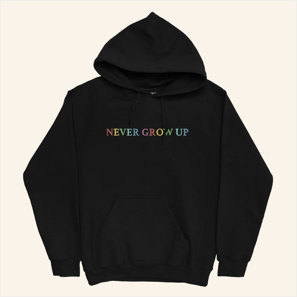 Never Grow Up Embroidered Black Hoodie Baylen Levine Merch Birthday Gifts For Best Friend