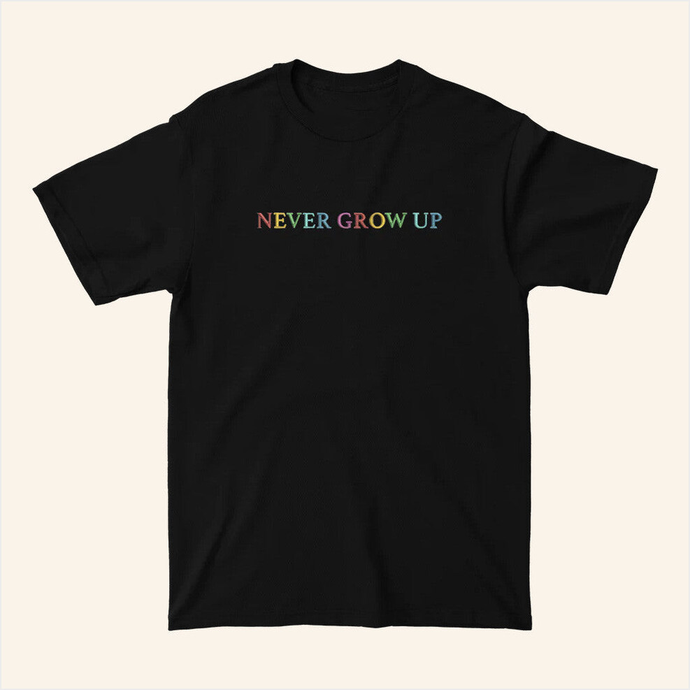 Never Grow Up Embroidered Black T-Shirt Baylen Levine Merch Birthday Gift Ideas