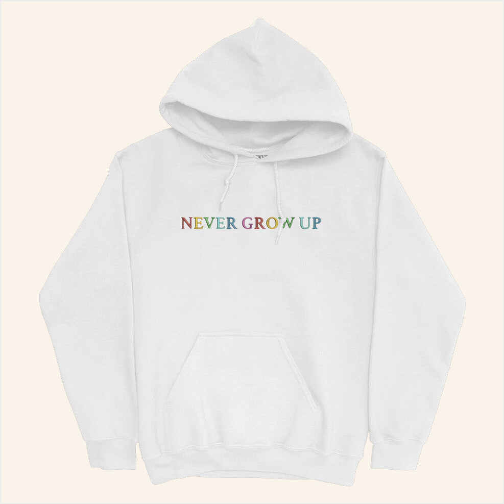 Never Grow Up Embroidered White Hoodie Baylen Levine Merch BFF Birthday Gifts