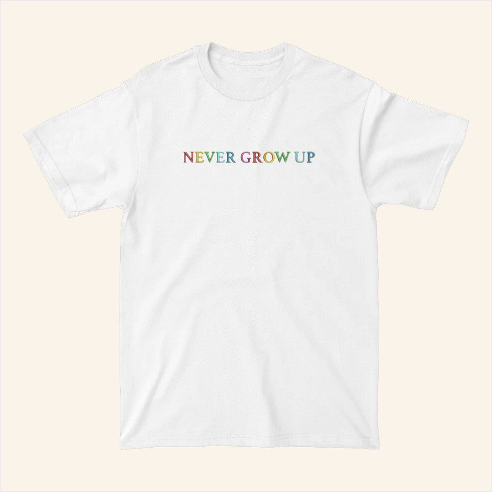 Never Grow Up Embroidered White T-Shirt Baylen Levine Merch Birthday Gifts For Friends