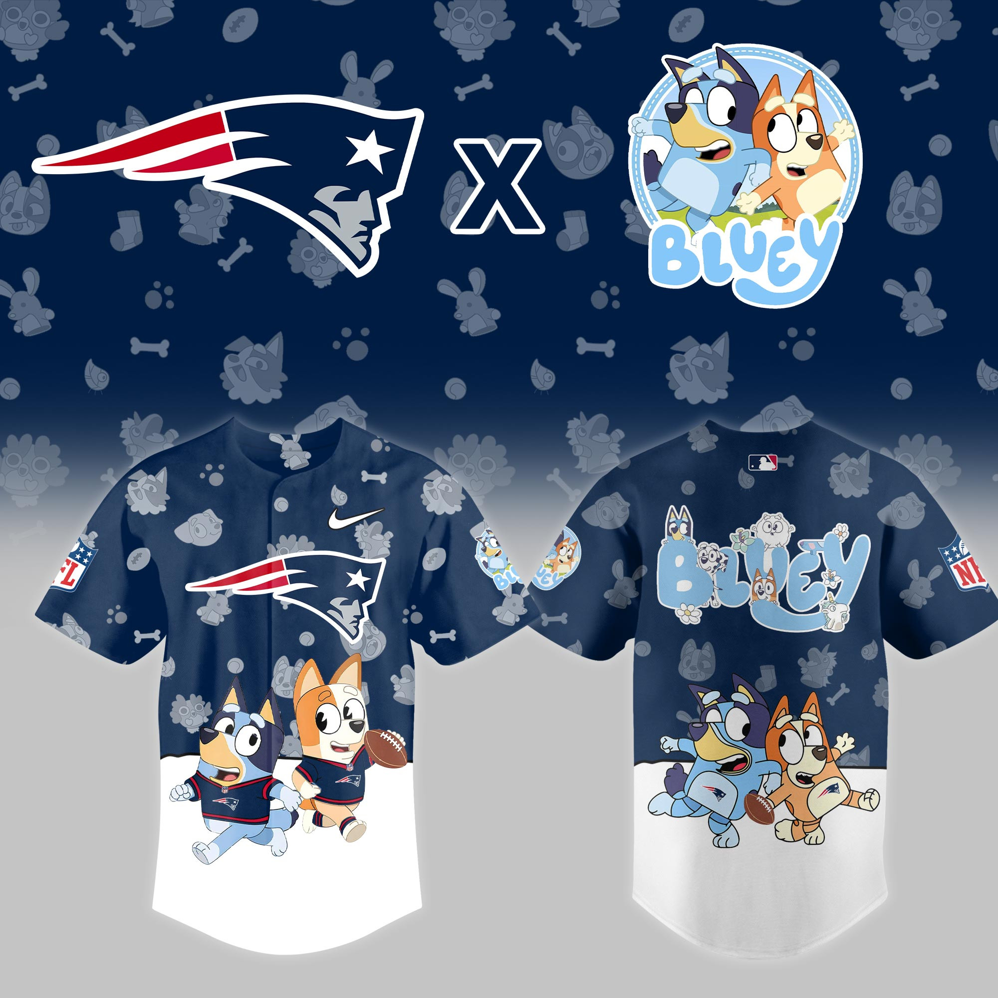 New England Patriots Nfl X Bluey Night Baseball Jersey For Fans