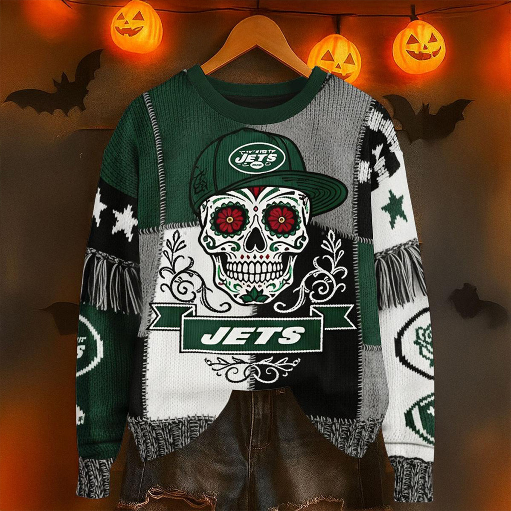 New York Jets Skull Halloween Ugly Sweater Jets Merch Halloween Gifts For Her