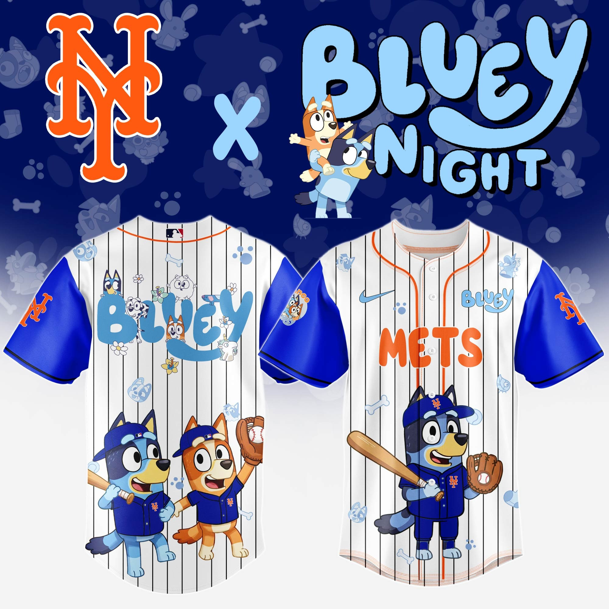 New York Mets Bluey Night Jersey Cute Baseball Gifts For Mets Fans Bluey Lovers