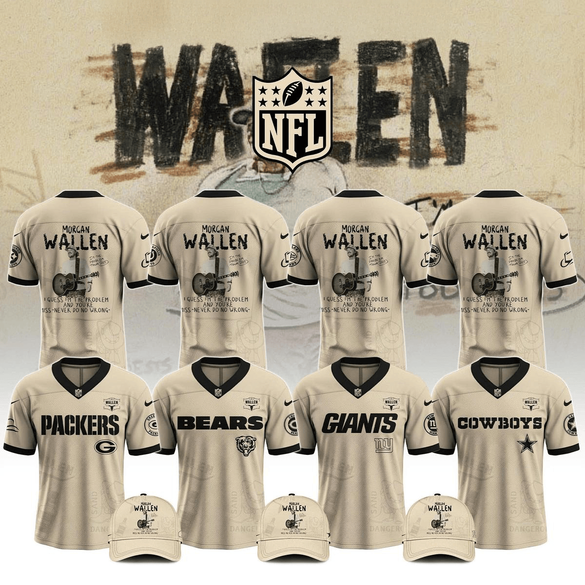 NFL All Teams X Morgan Wallen I'm The Problem Tour 2025 Football Jersey NFL Merch Fans Gifts