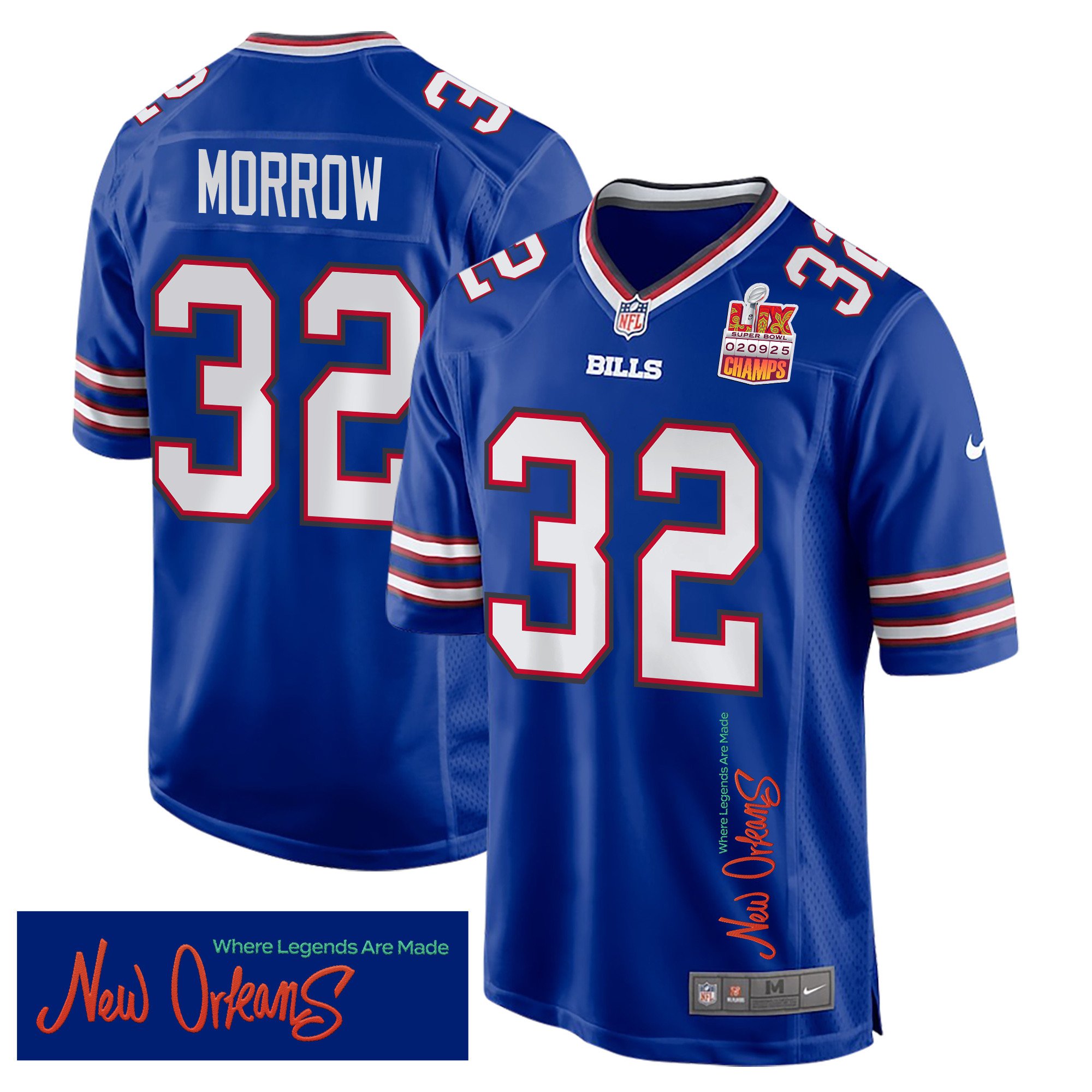 Nicholas Morrow 32 Buffalo Bills Super Bowl LIX Champions Patch 'New Orleans - Where Legends Are Made' EMBROIDERED Game Men Jersey - Royal - JS424