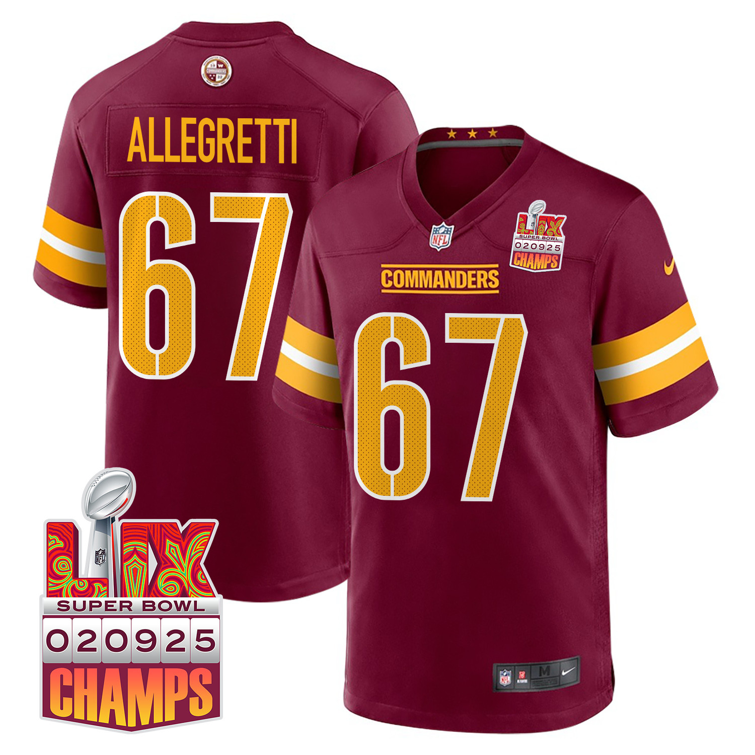 Nick Allegretti 67 Washington Commanders Super Bowl LIX Champions Patch Game Men Jersey - Burgundy - JS726