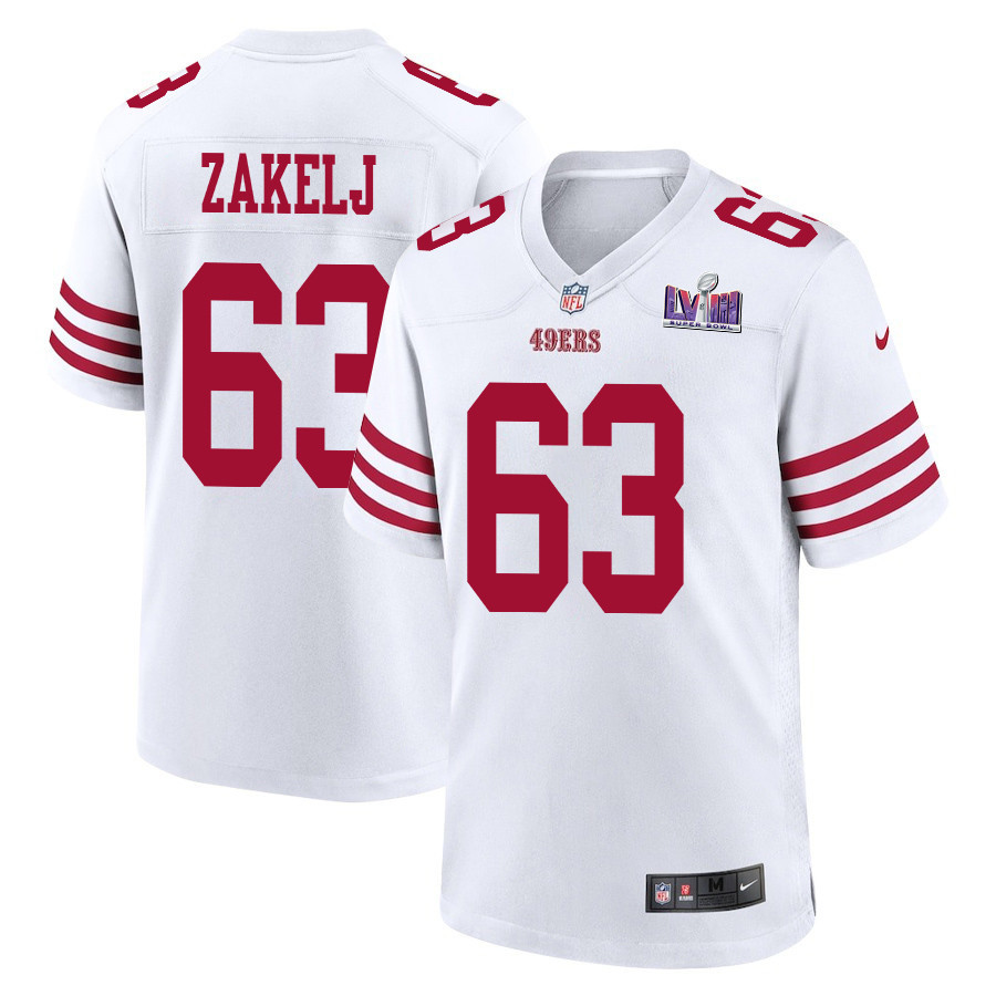 Nick Zakelj 63 San Francisco 49ers Super Bowl LVIII Patch Game Men Jersey - White - JSDV459