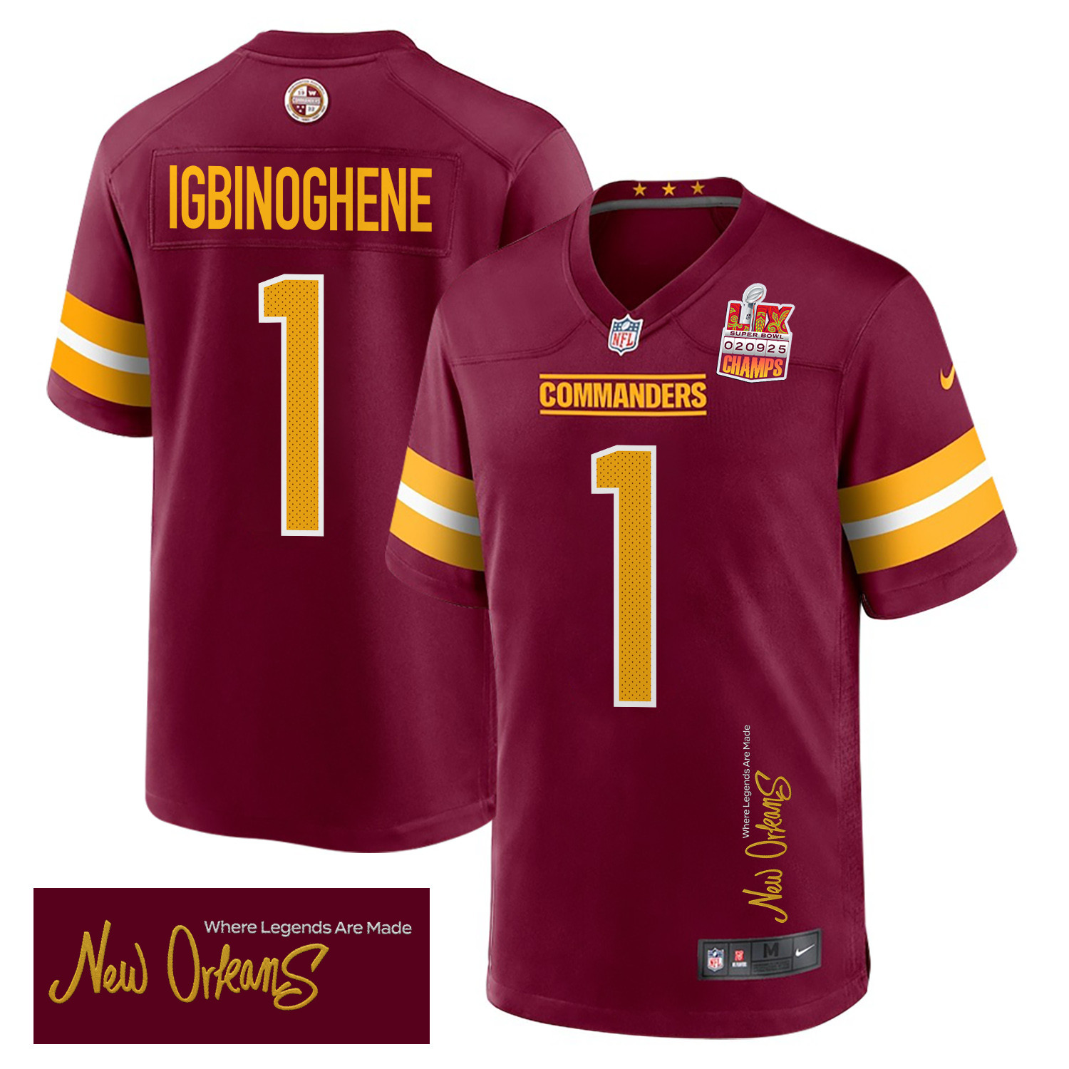 Noah Igbinoghene 1 Washington Commanders Super Bowl LIX Champions Patch 'New Orleans - Where Legends Are Made' EMBROIDERED Game Men Jersey - Burgundy - JS751