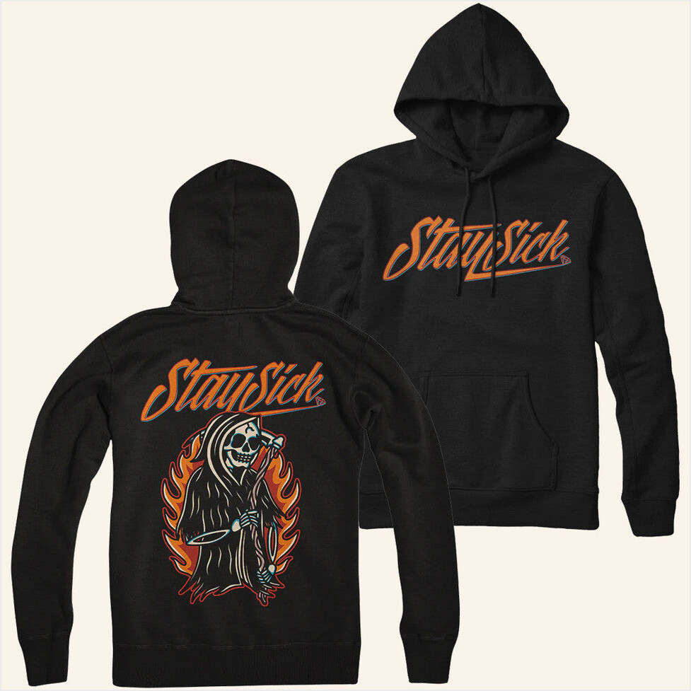 now Merch Stay Sick Clothing Reaper On Fire Black Hoodie Merch Best Friend Birthday Gifts