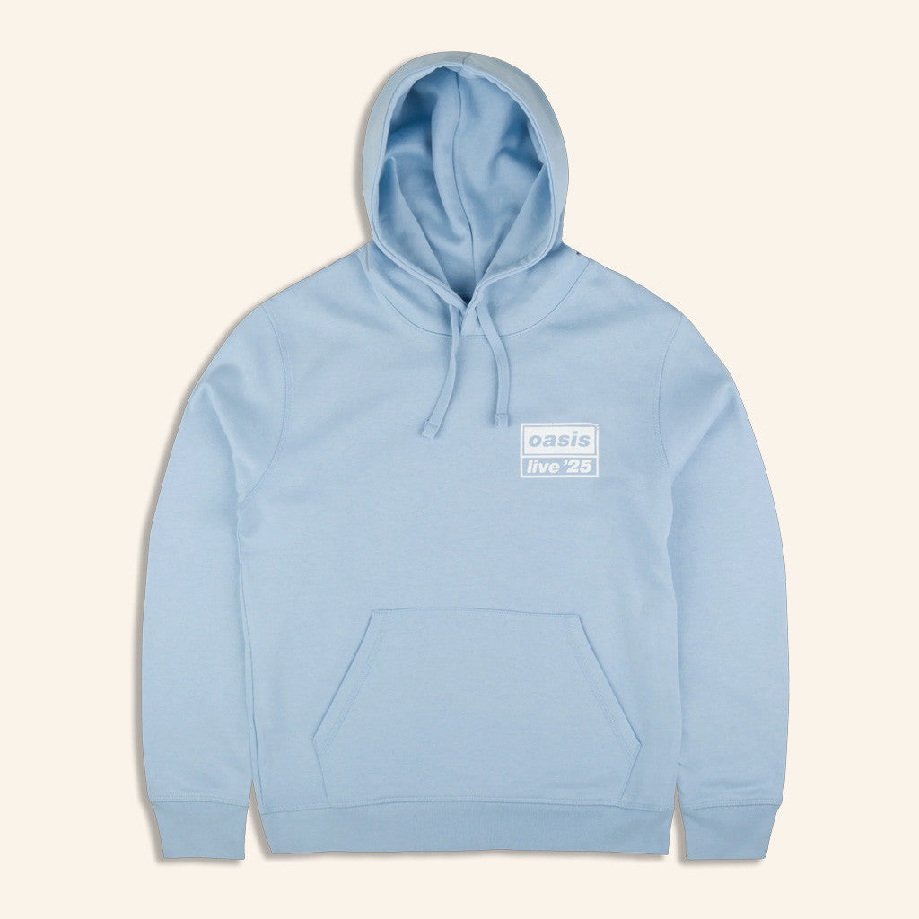 Oasis Merch 2025 Live 25 Distressed Tour Logo Hoodie Light Blue Presents For Boyfriend