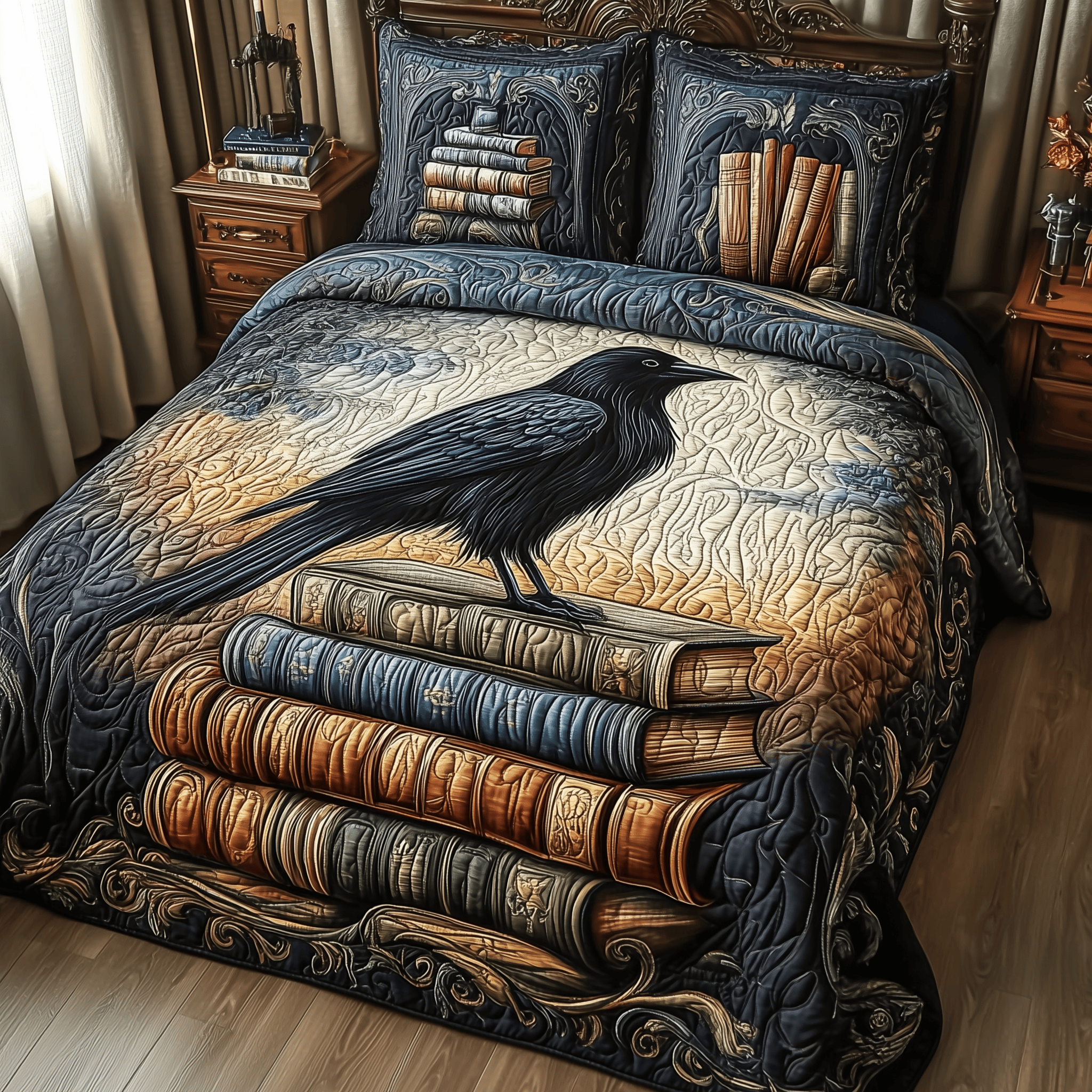 Obsidian Raven Quilted Bedding Set Duvet Cover Bedspread Set Item Birthday Presents For Mum