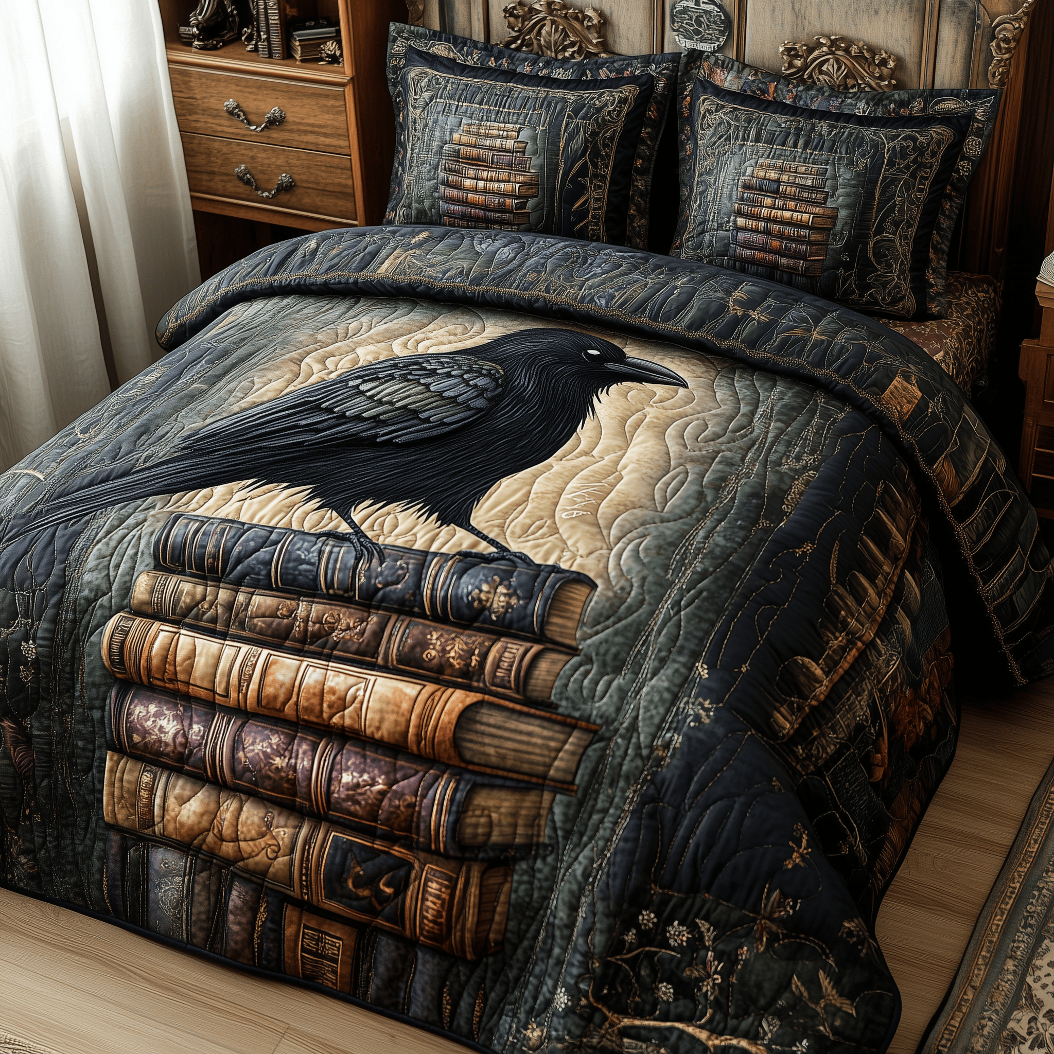 Obsidian Raven Quilted Bedding Set Duvet Cover Bedspread Set Item Gifts For Mother In Law