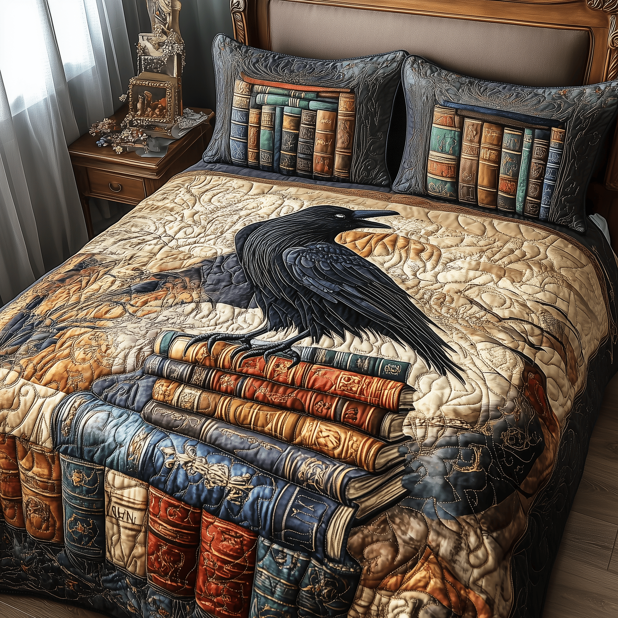 Obsidian Raven Quilted Bedding Set Duvet Cover Bedspread Set Item Luxury Mother's Day Gifts