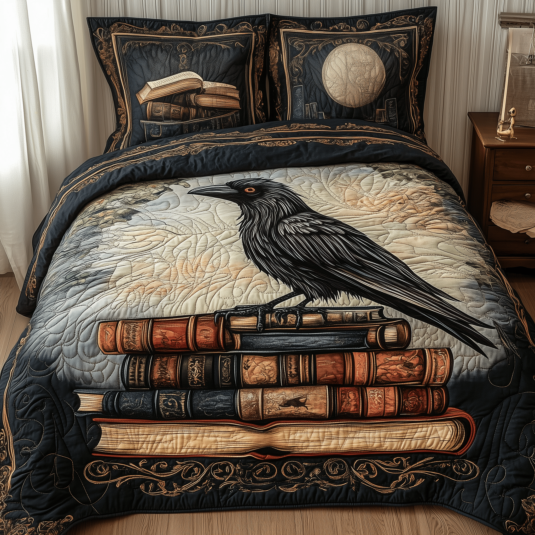 Obsidian Raven Quilted Bedding Set Duvet Cover Bedspread Set Item Mother'sDay Gifts 2025