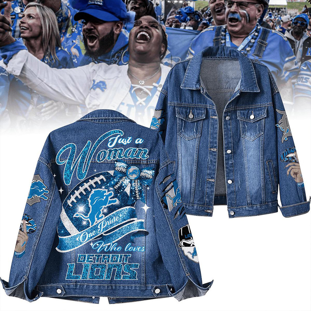 One Pride Just A Woman Who Loves Detroit Lions Denim Jacket Fan Merch Presents For Football Fans
