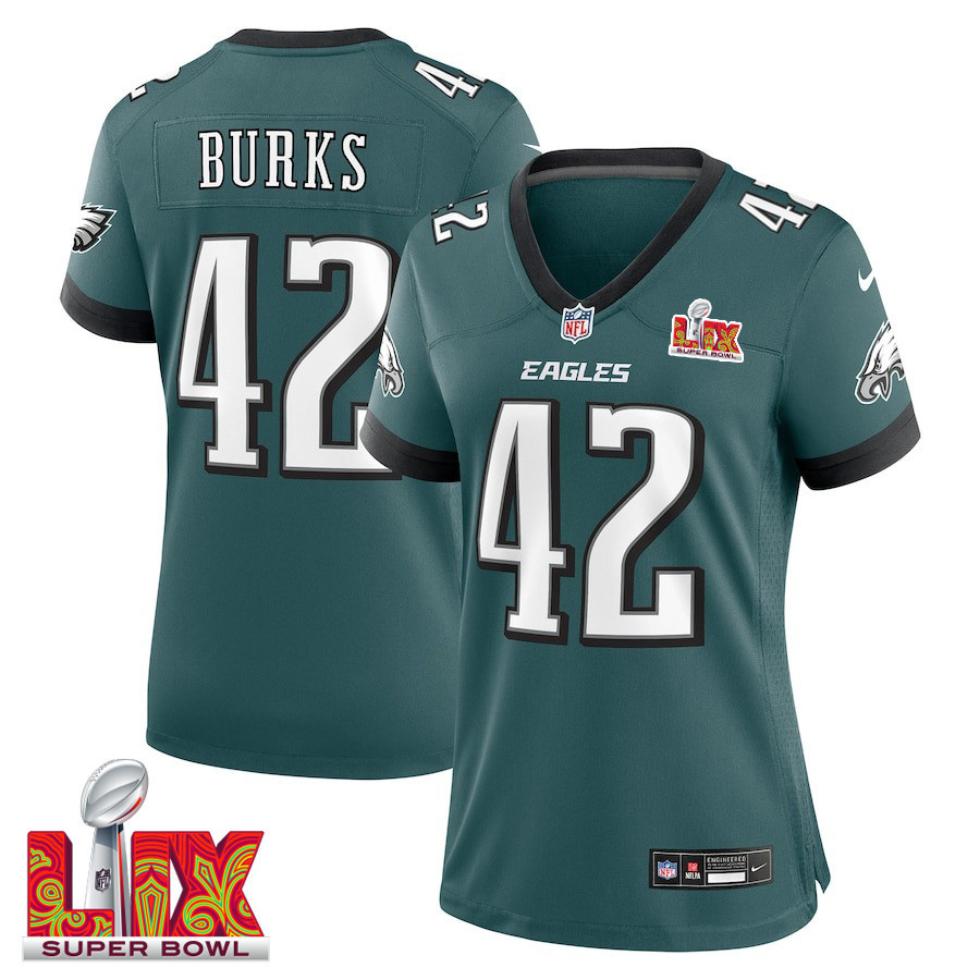 Oren Burks #42 Philadelphia Eagles Super Bowl LIX Women's Jersey - Midnight Green - JS611