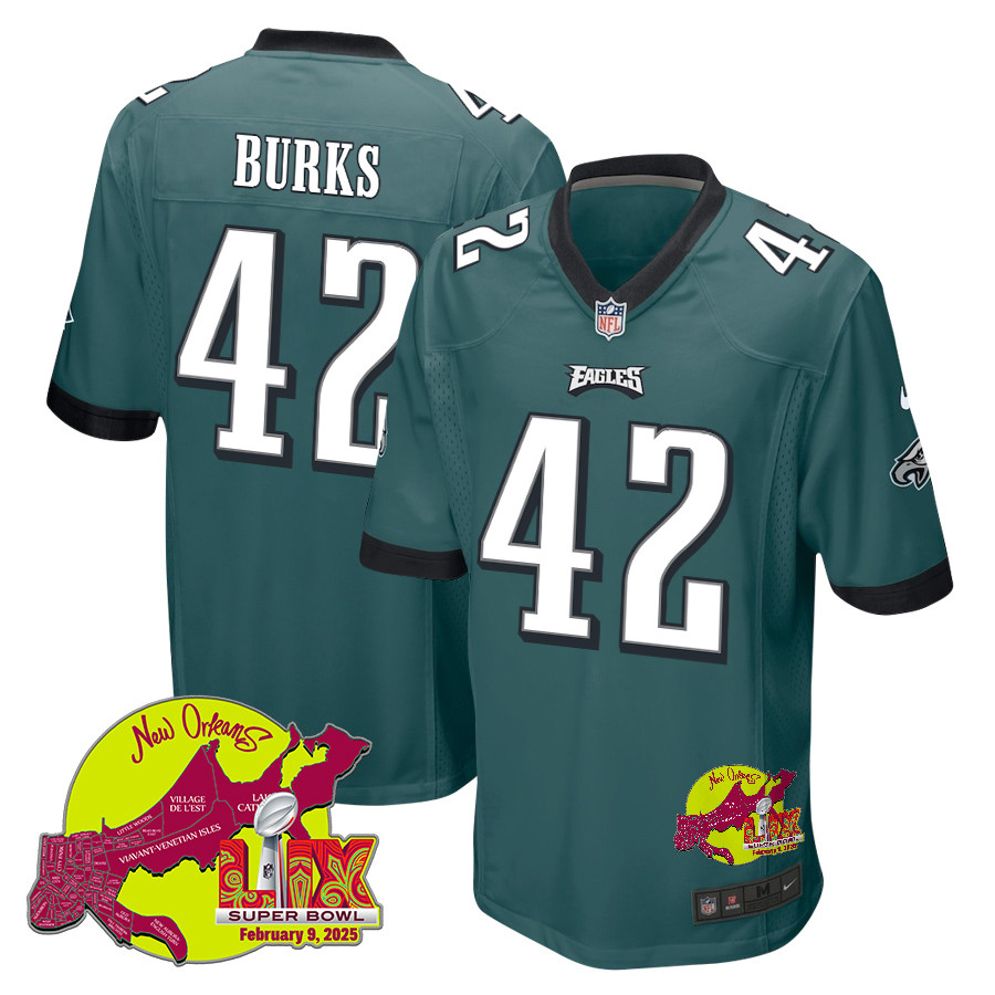 Oren Burks 42 Philadelphia Eagles Super Bowl LIX New Orleans Patch Game Men Jersey - Midnight Green - JS676