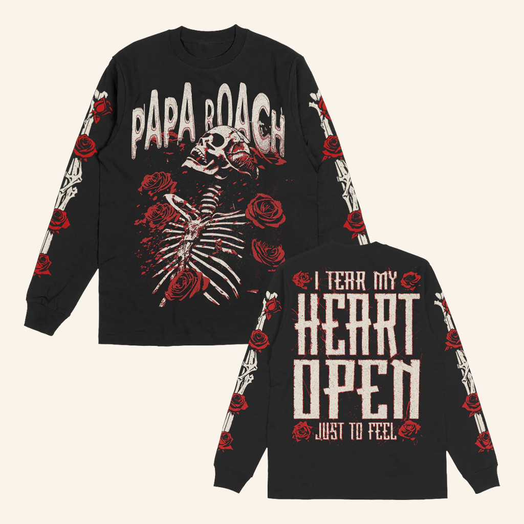 Papa Roach Merch Skeleton And Roses Long Sleeve Shirt Gift Ideas For Music Lovers