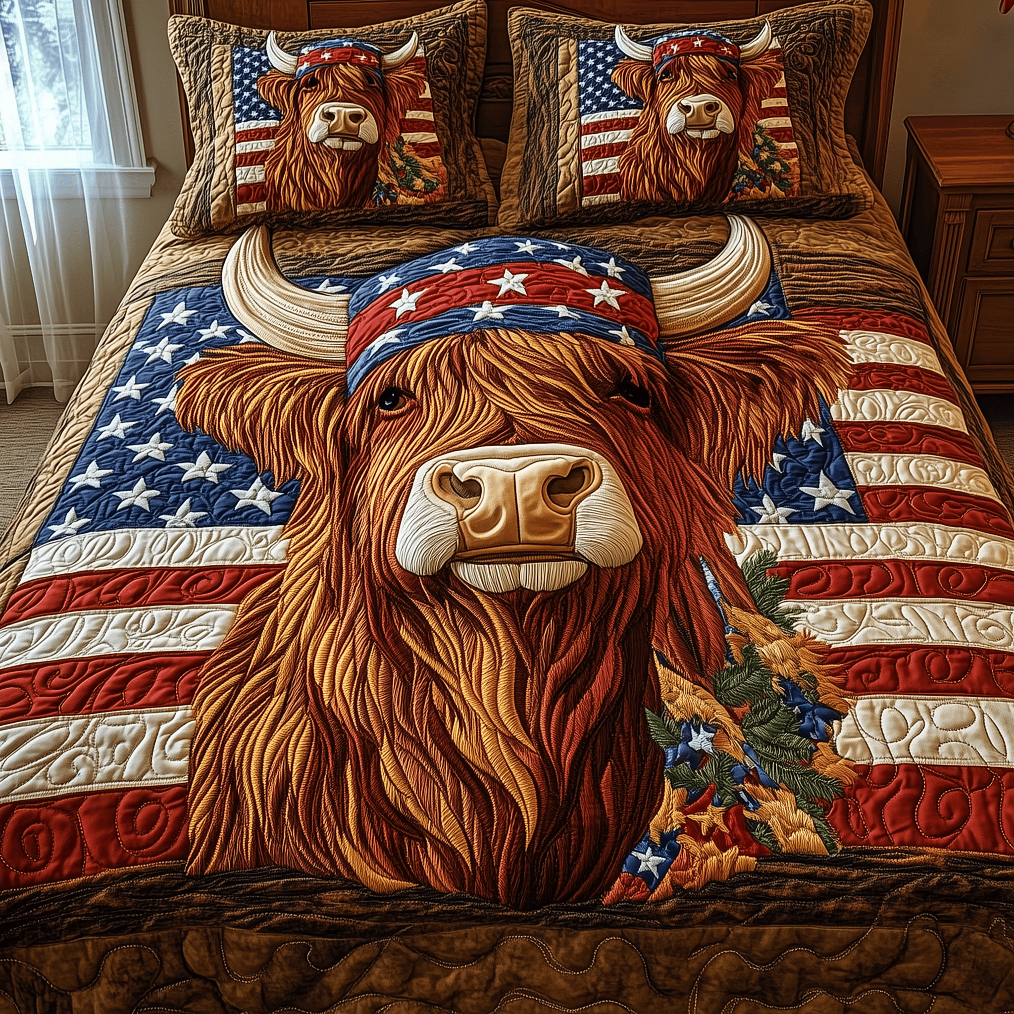 Patriotic Highland Cow Quilted Bedding Set Good Mothers Day Duvet Cover Set Best Gifts For Cow Lovers
