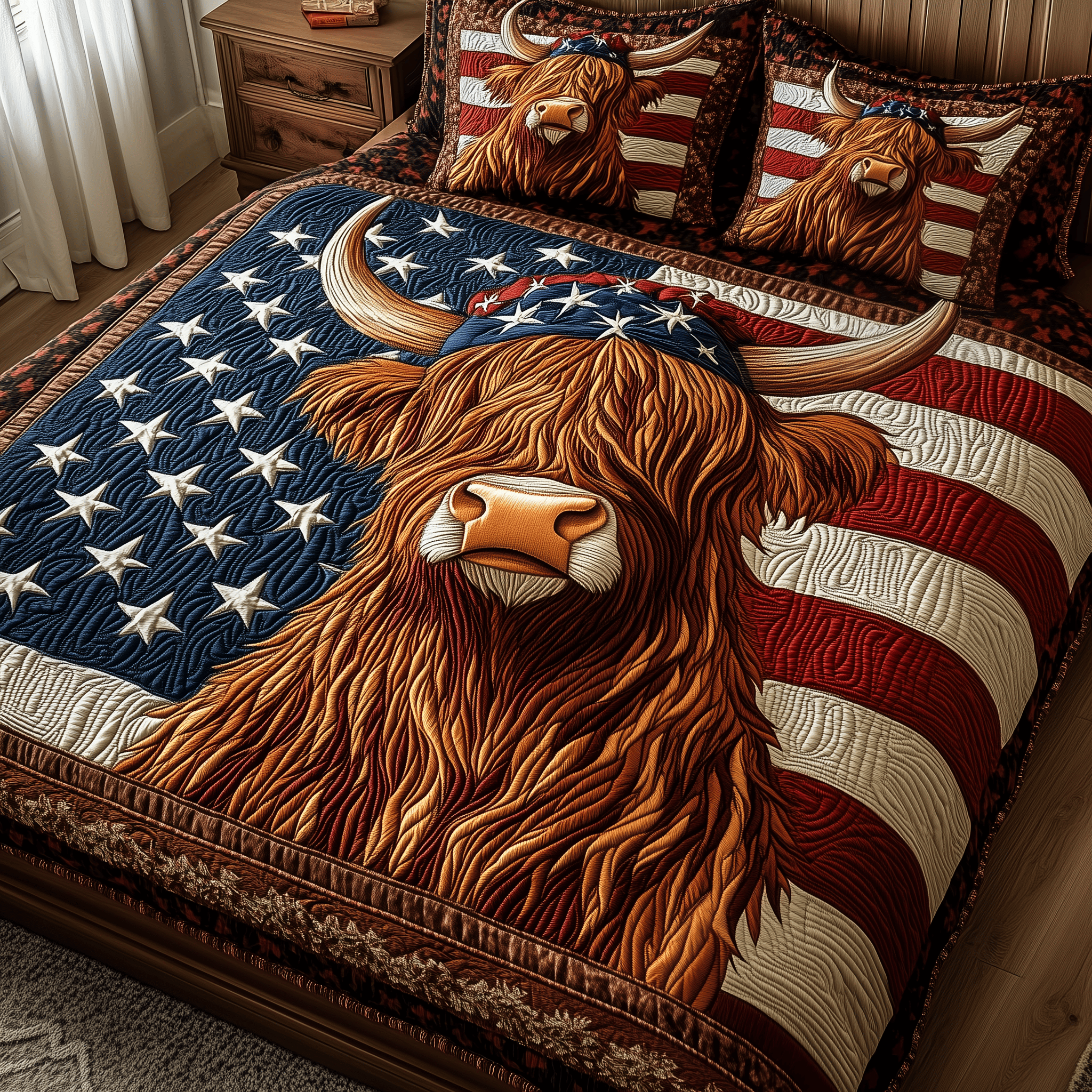 Patriotic Highland Cow Quilted Bedding Set Good Mothers Day Duvet Cover Set Presents For Cow Lovers