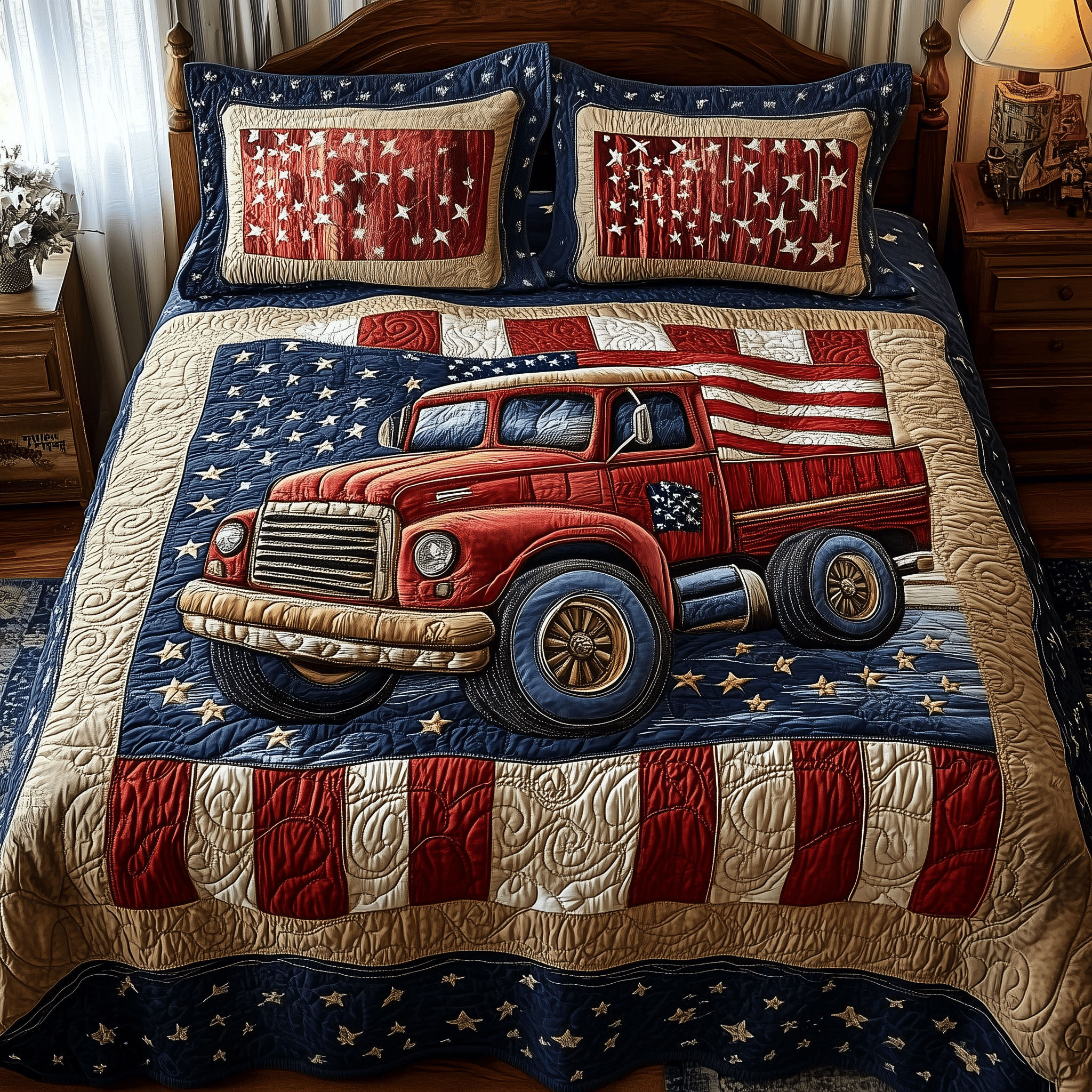 Patriotic Truck Quilted Bedding Set Unique Duvet Cover Bedspread Set Good Gifts For Dads