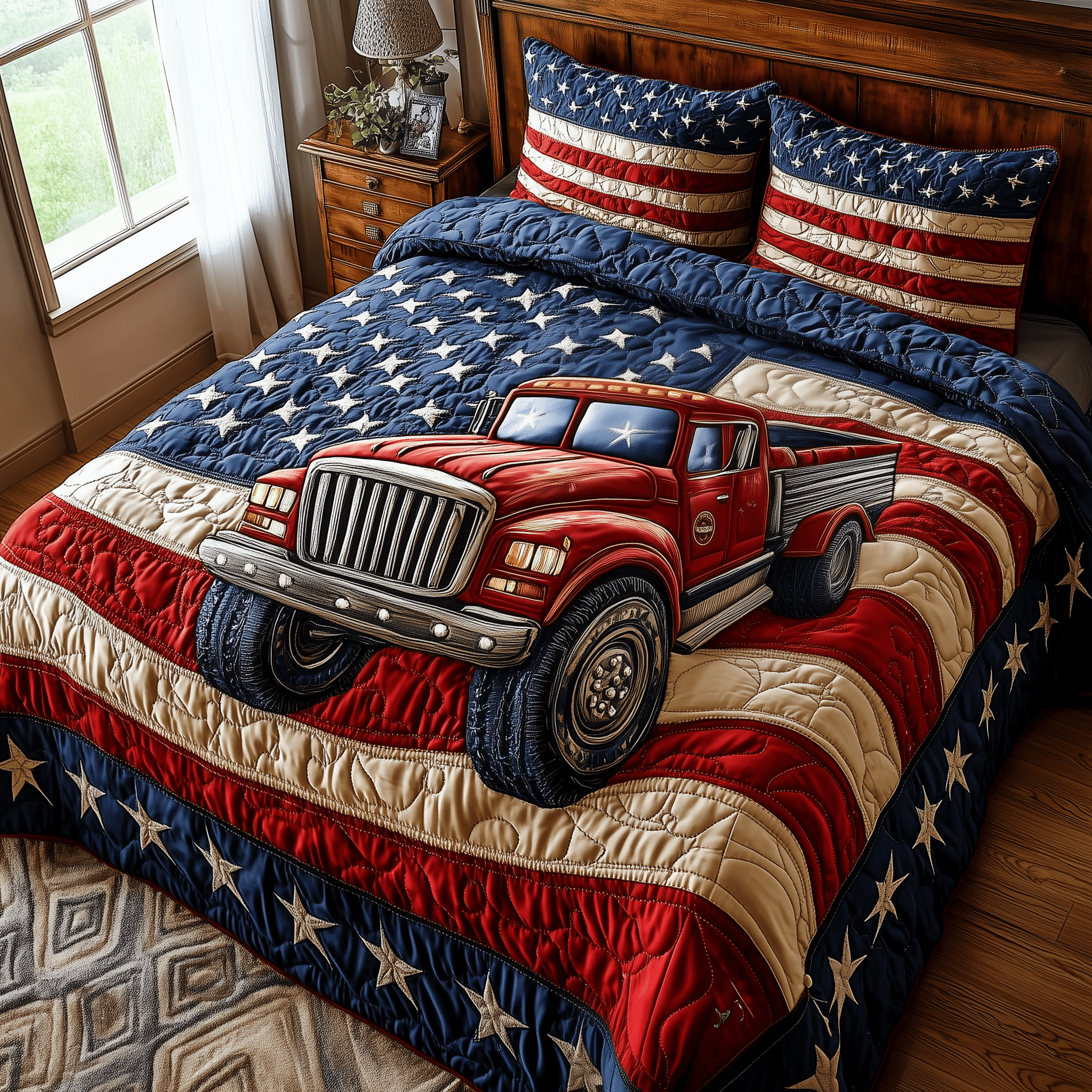 Patriotic Truck Quilted Bedding Set Unique Duvet Cover Bedspread Set Unique Gifts For Dad