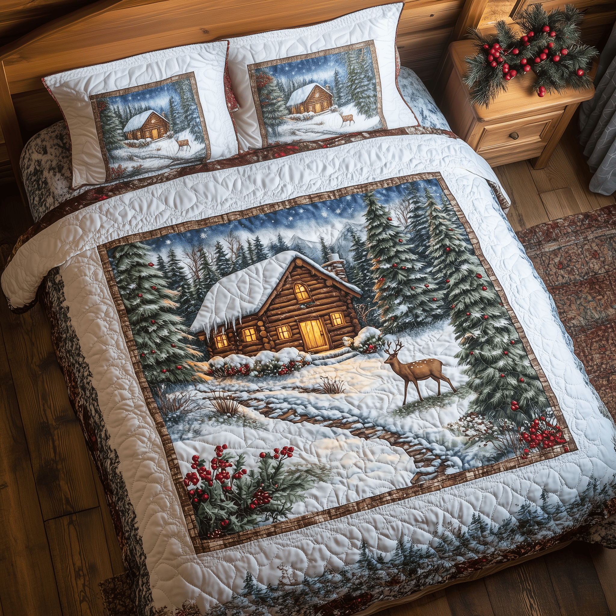 Peaceful Snow Cabin Quilted Bedding Set  Stay warm this winter Funny Christmas Gifts