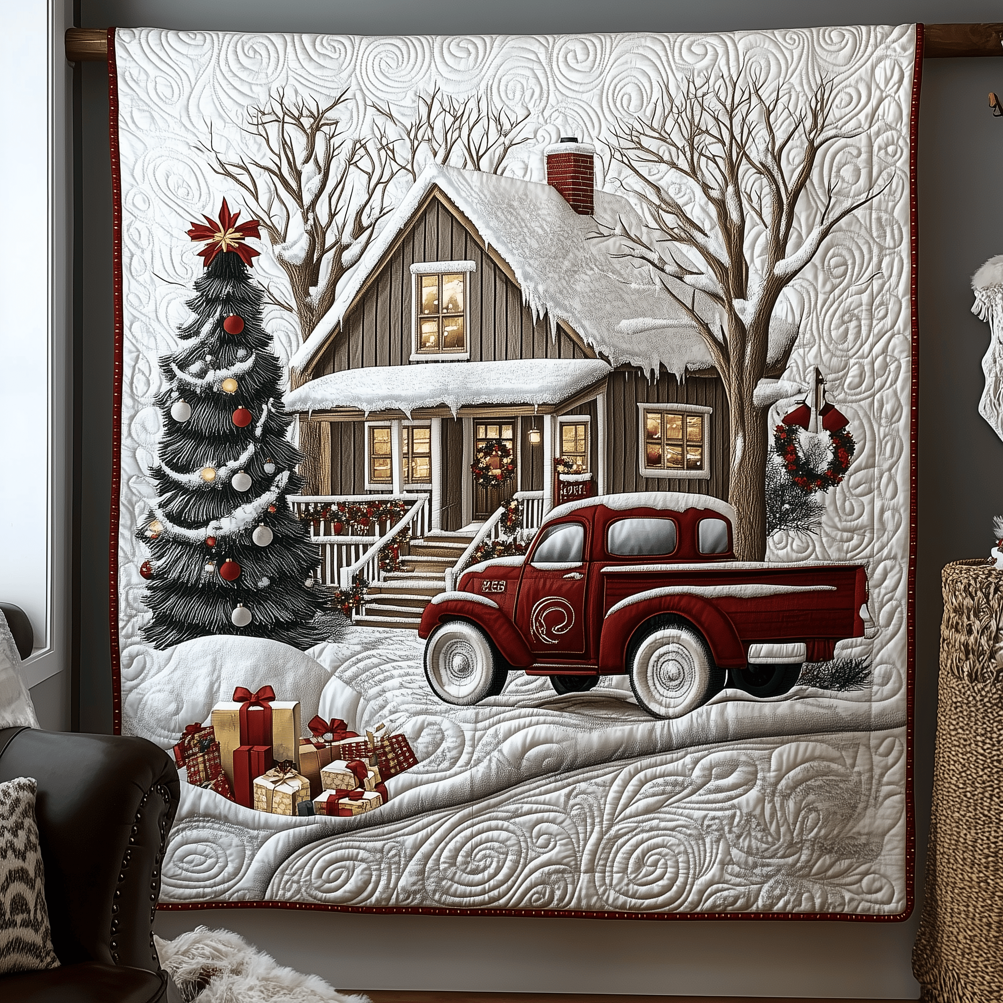 Peaceful Snow Cabin Quilted Blanket Christmas Throw Blanket