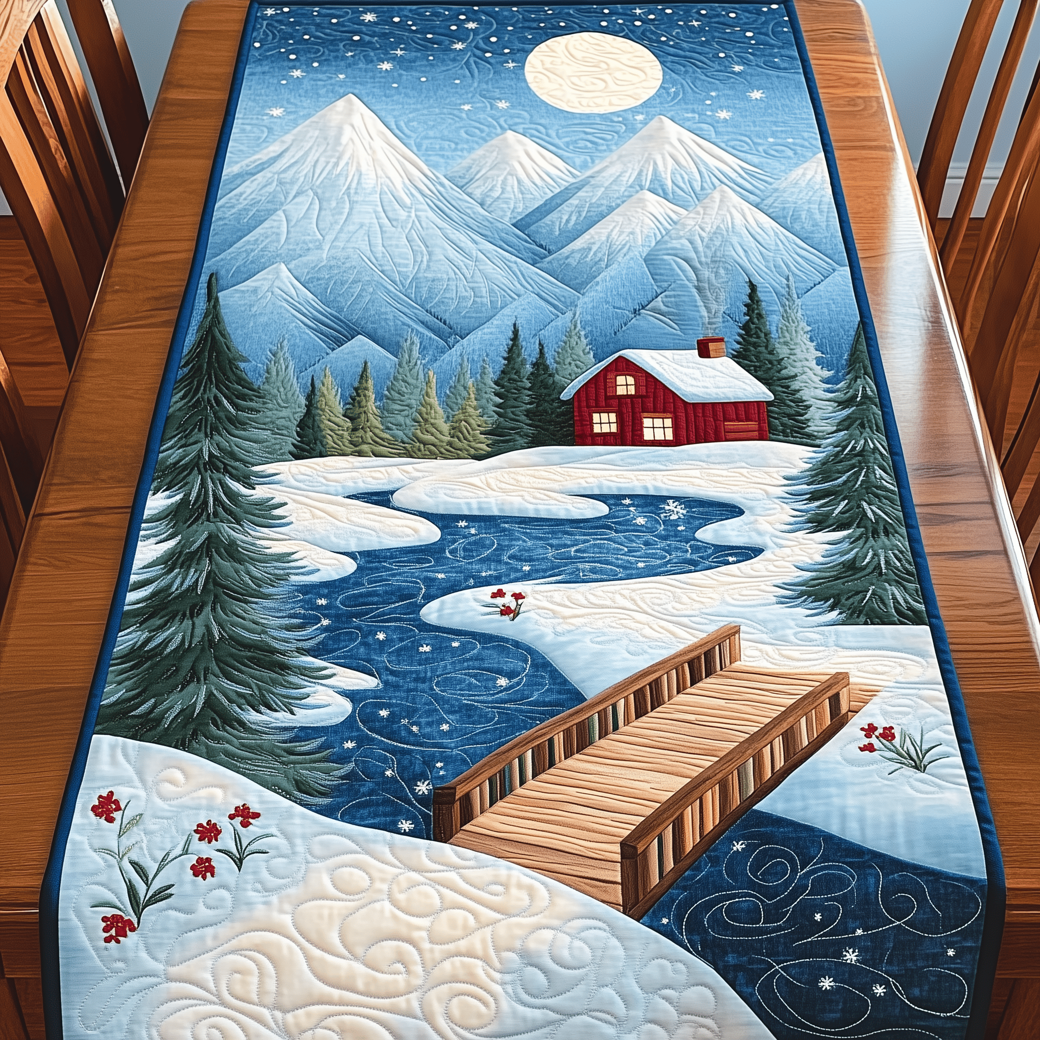 Peaceful Snow Cabin Quilted Table Runner Bring Warmth to Frosty Evenings