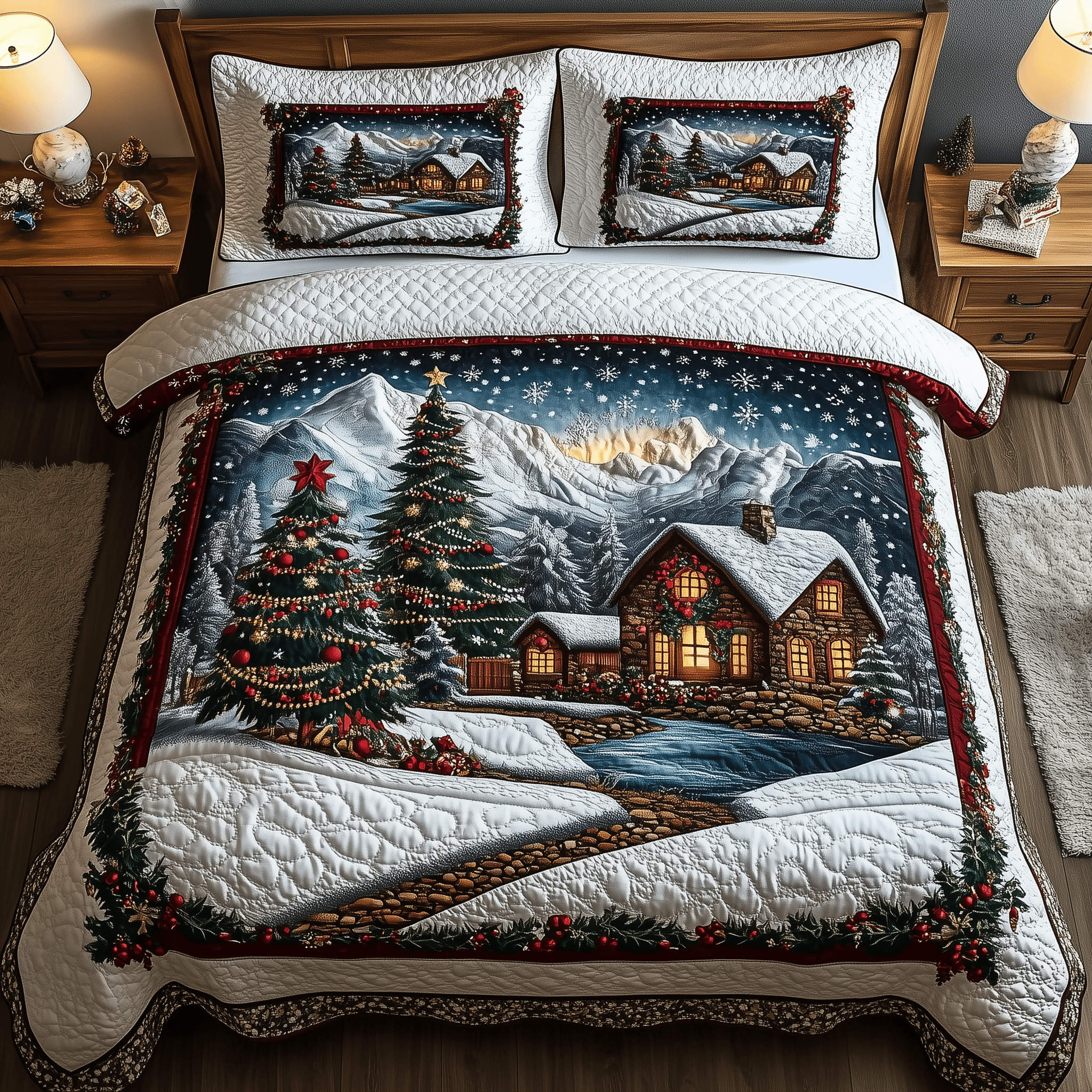Peaceful Snow Village Quilted Bedding Set Christmas Gifts