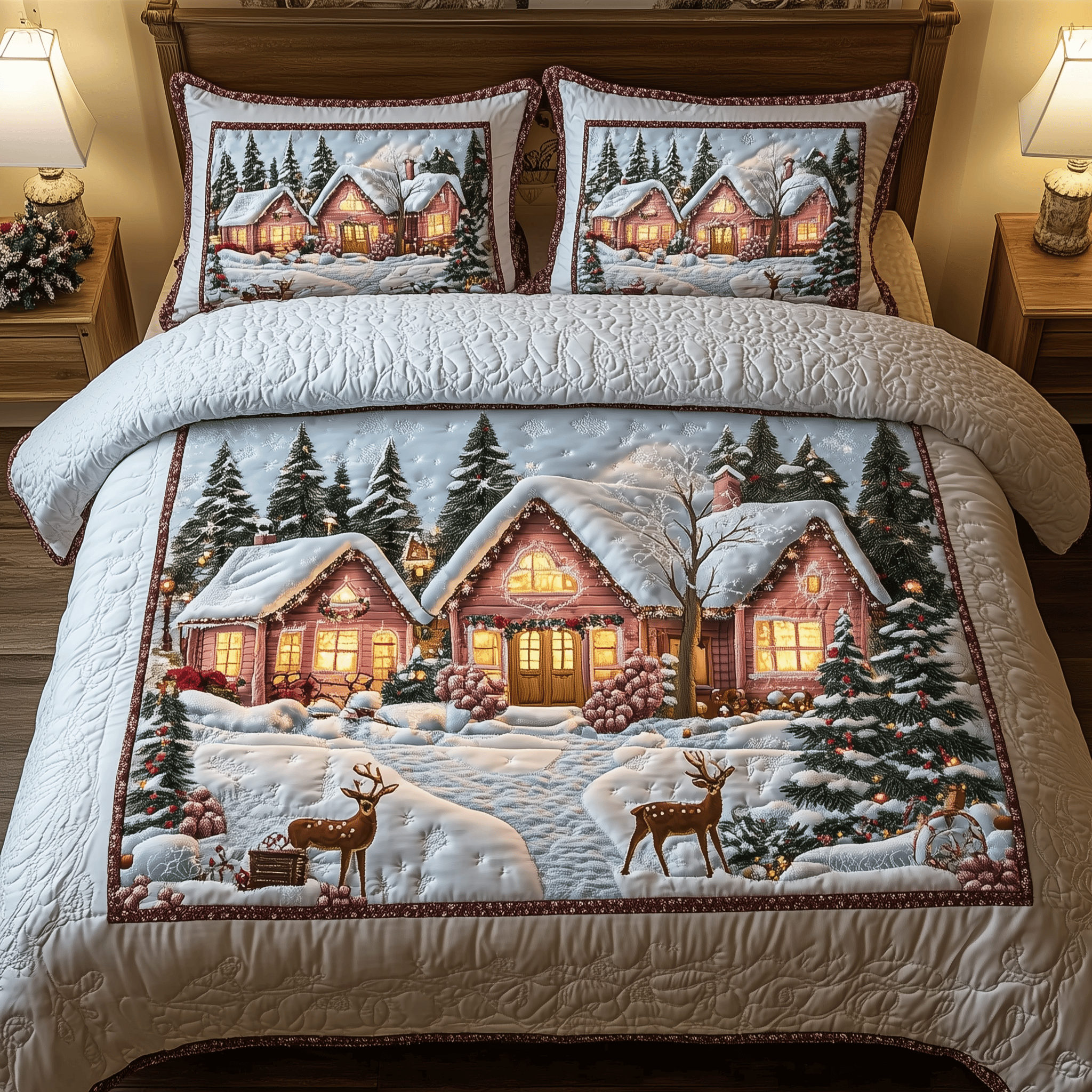 Peaceful Snow Village Quilted Bedding Set  Stay warm this winter Best Christmas Gifts For Men