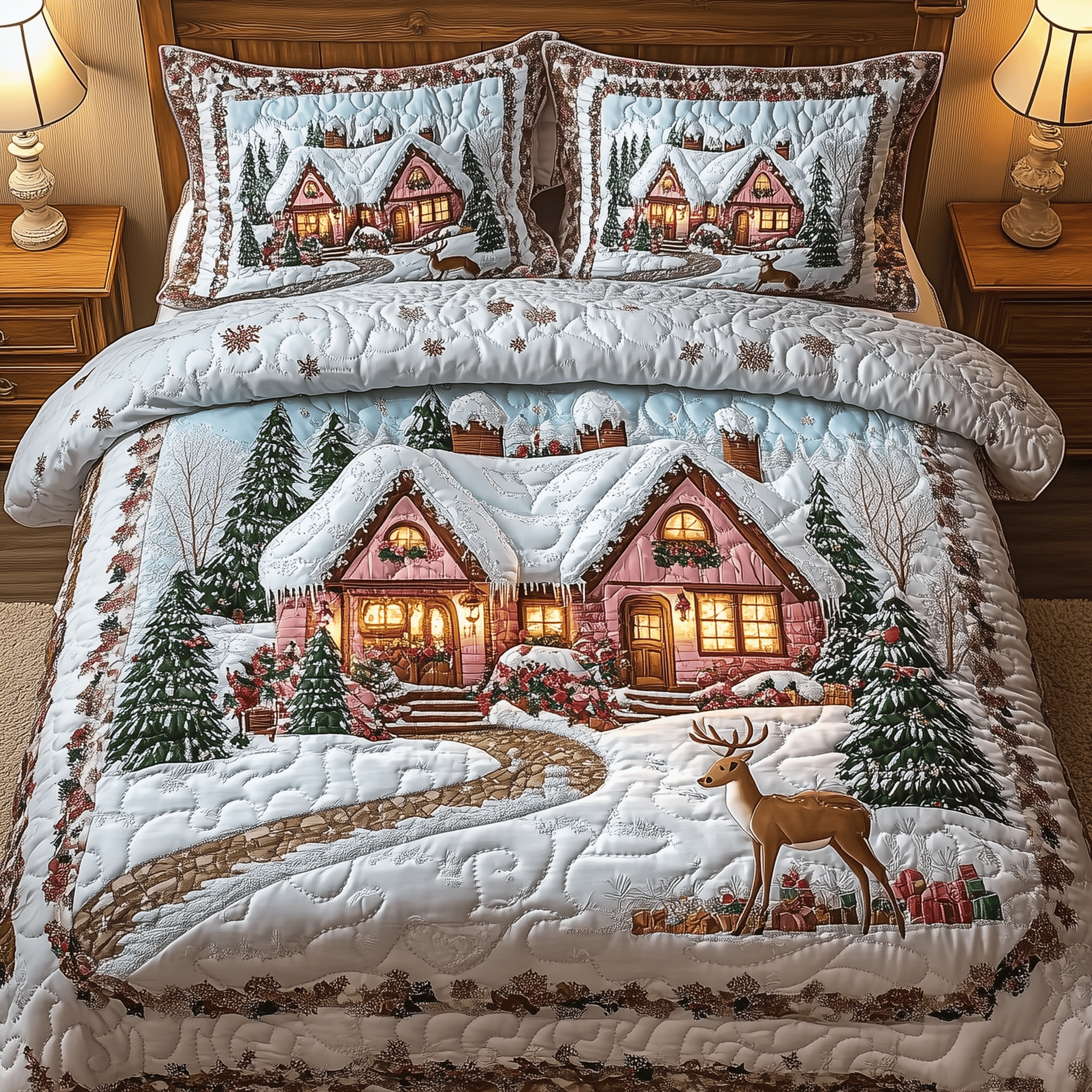 Peaceful Snow Village Quilted Bedding Set  Stay warm this winter Christmas Presents For Wife