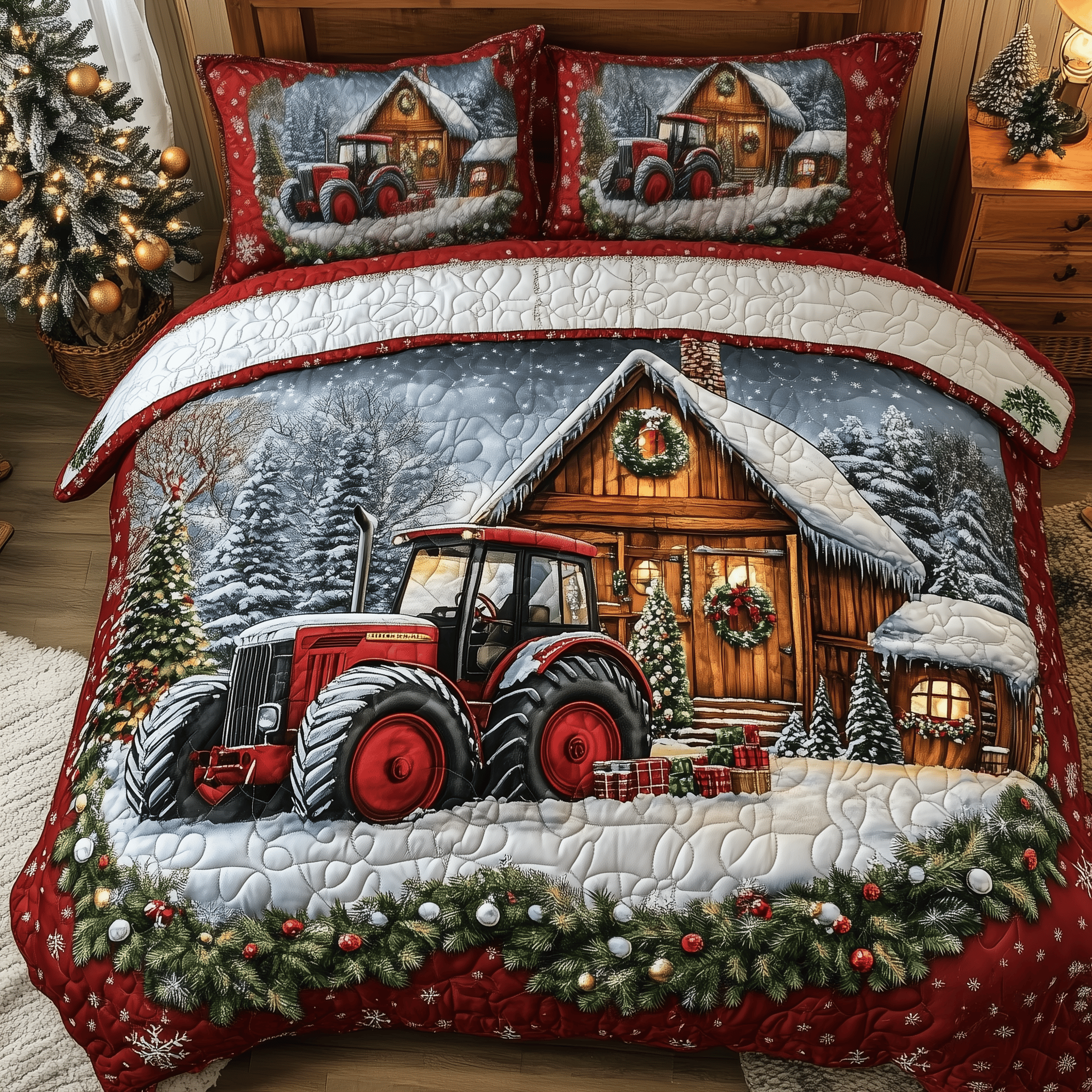 Peaceful Snowy Farmhouse Quilted Bedding Set  Stay warm this winter Christmas Presents For Girlfriend
