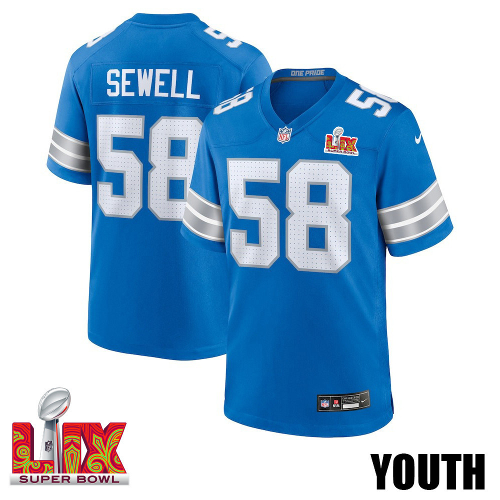 Penei Sewell #58 Detroit Lions Super Bowl LIX YOUTH Jersey - Blue - JS510