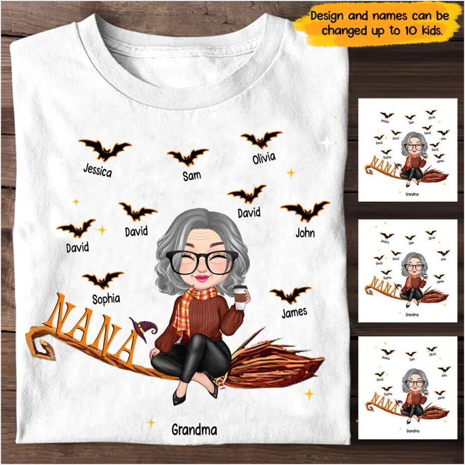 Personalized Grandma Flying Broom Kid Name Halloween T-Shirt Mother's Day Shirt Gifts For Your Girlfriend