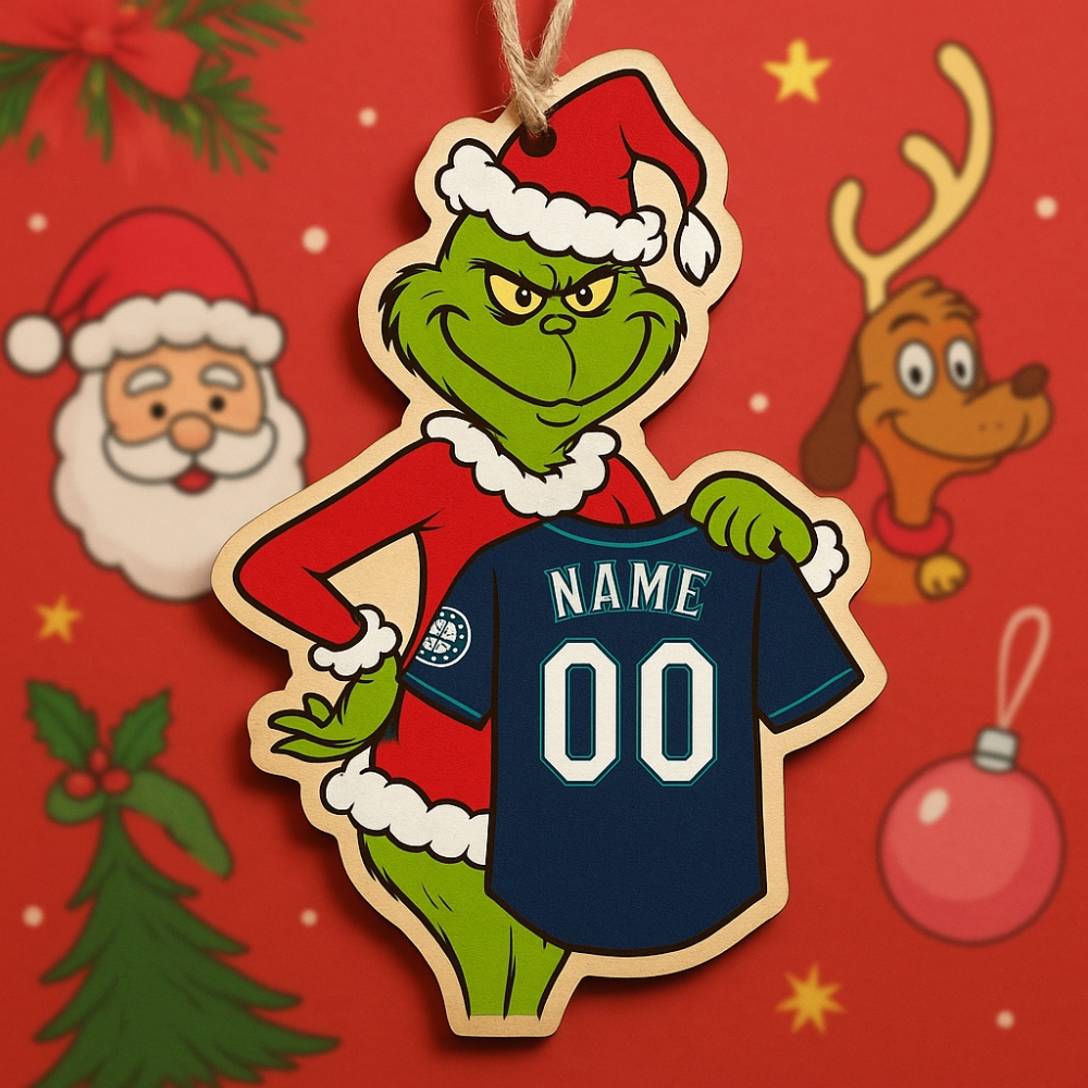 Personalized Grinch Seattle Mariners Wooden Ornament Custom Name And Number Jersey Christmas Gift