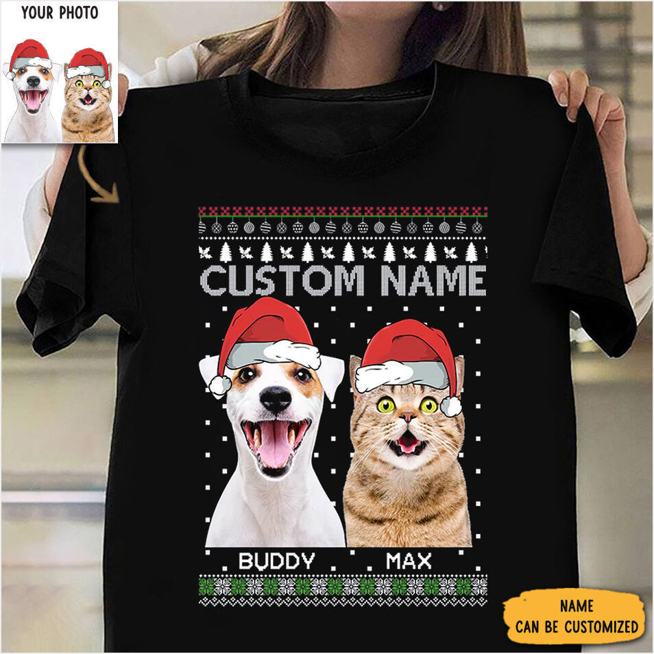 Personalized Photo Cat And Dog Christmas Shirt Funny Xmas Clothing Gifts For Pet Lovers