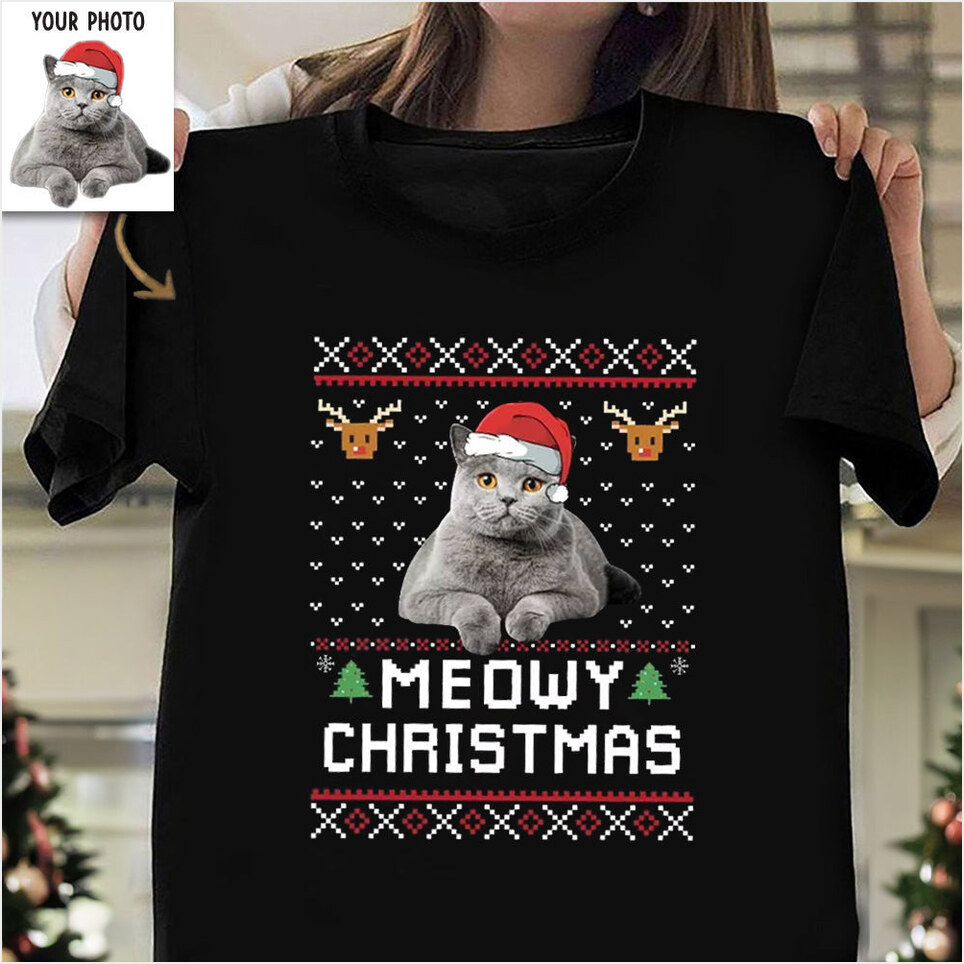 Personalized Photo Meowy Christmas Shirt Merry Christmas T-Shirt Birthday Gifts For Cat Lovers