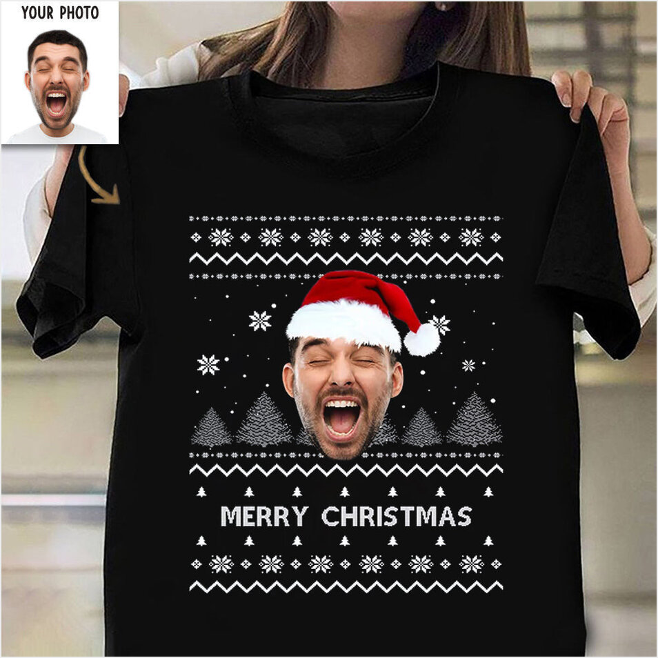 Personalized Photo Ugly Christmas Shirt Merry Xmas T-Shirt Christmas Presents 2024