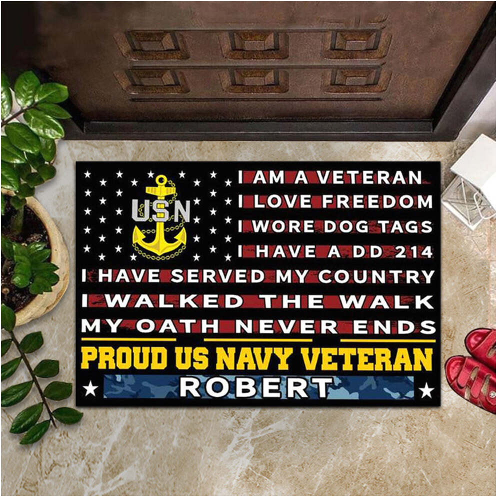 Personalized Proud US Navy Veteran Doormat I Am A Veteran I Love Freedom USN Merchandise
