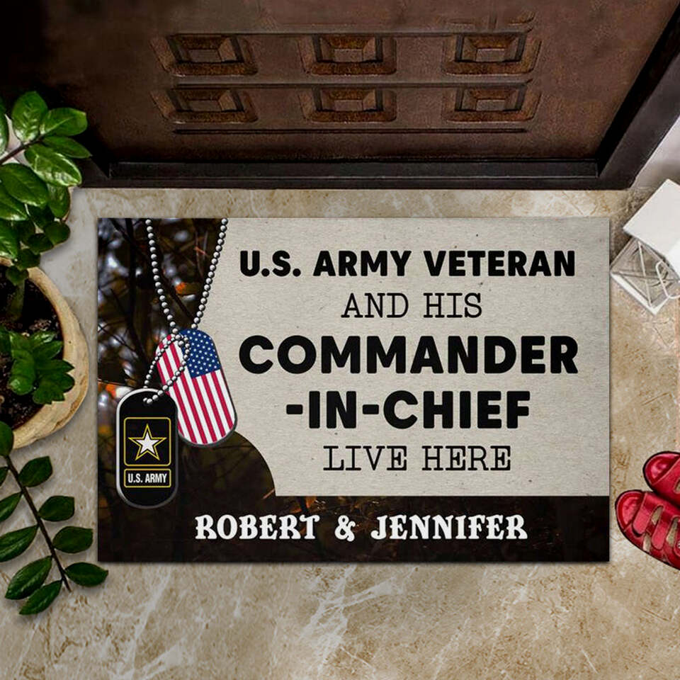 Personalized US Army Veteran And His Commander-In-Chief Live Here Doormat Veteran Day Gifts