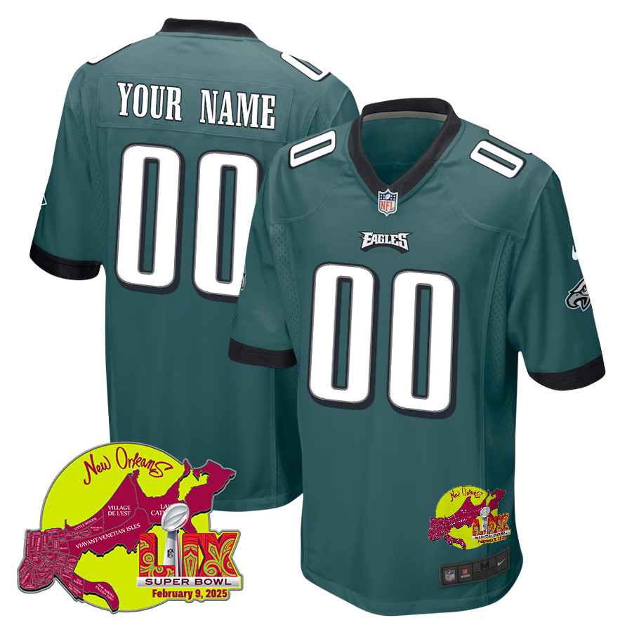 Philadelphia Eagles Super Bowl LIX New Orleans Patch Game Men Custom Jersey - Midnight Green - JS706