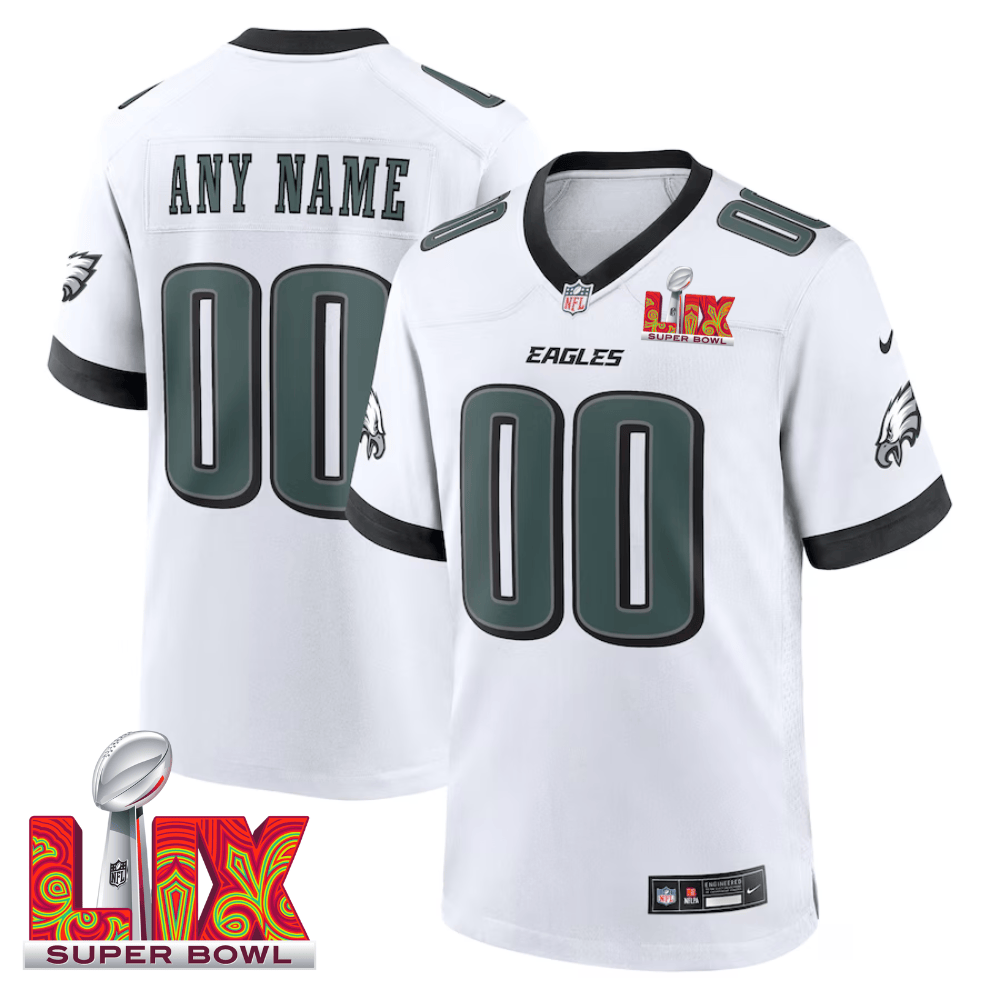 Philadelphia Eagles Super Bowl LIX Patch Game Men Custom Jersey - White - JS674