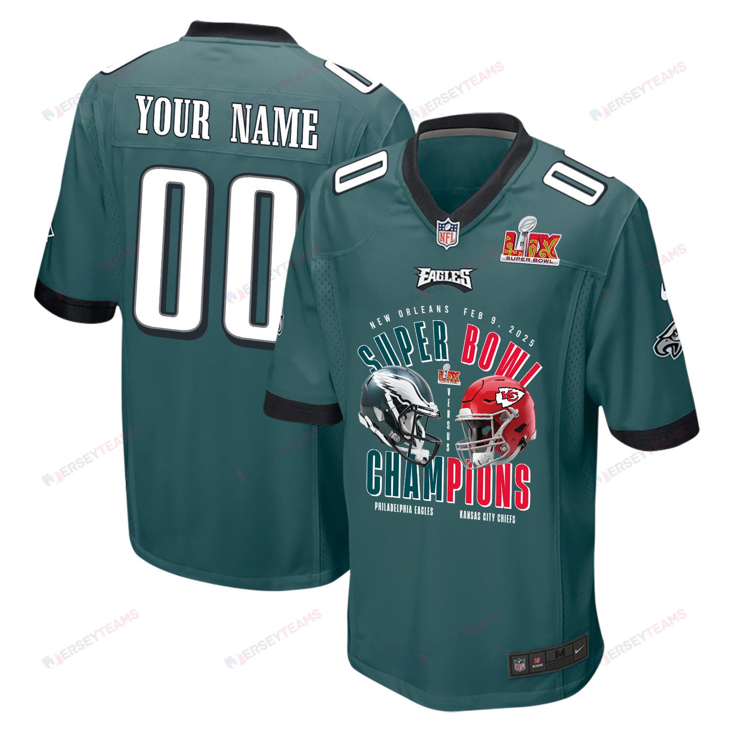 Philadelphia Eagles Vs. Kansas City Chiefs Super Bowl LIX Game Men Custom Jersey - Midnight Green - JS375