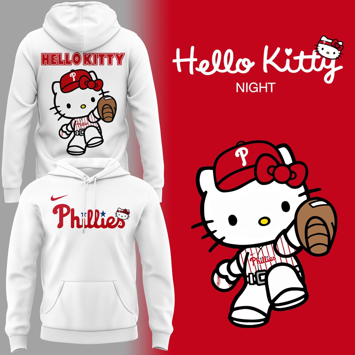 Philadelphia Phillies X Hello Kitty White Hoodie Phillies Baseball Merch For Baseball Lovers