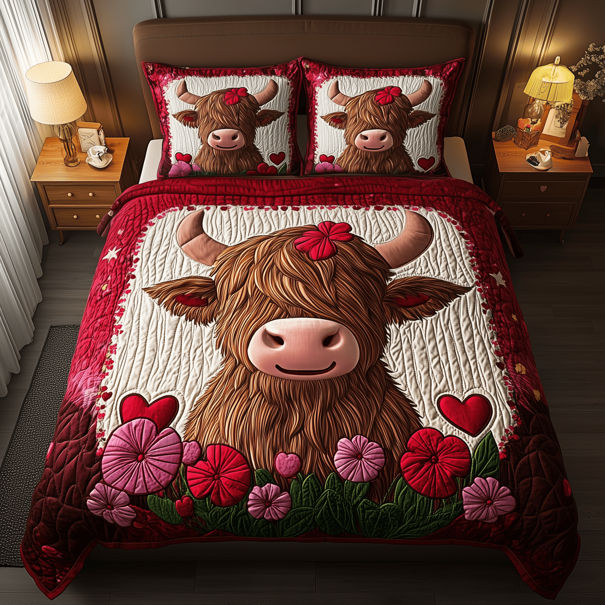 Pinky Highland Cow Quilted Bedding Set Valentine'S Day Duvet Cover Set Cow Gifts For Cow Lovers